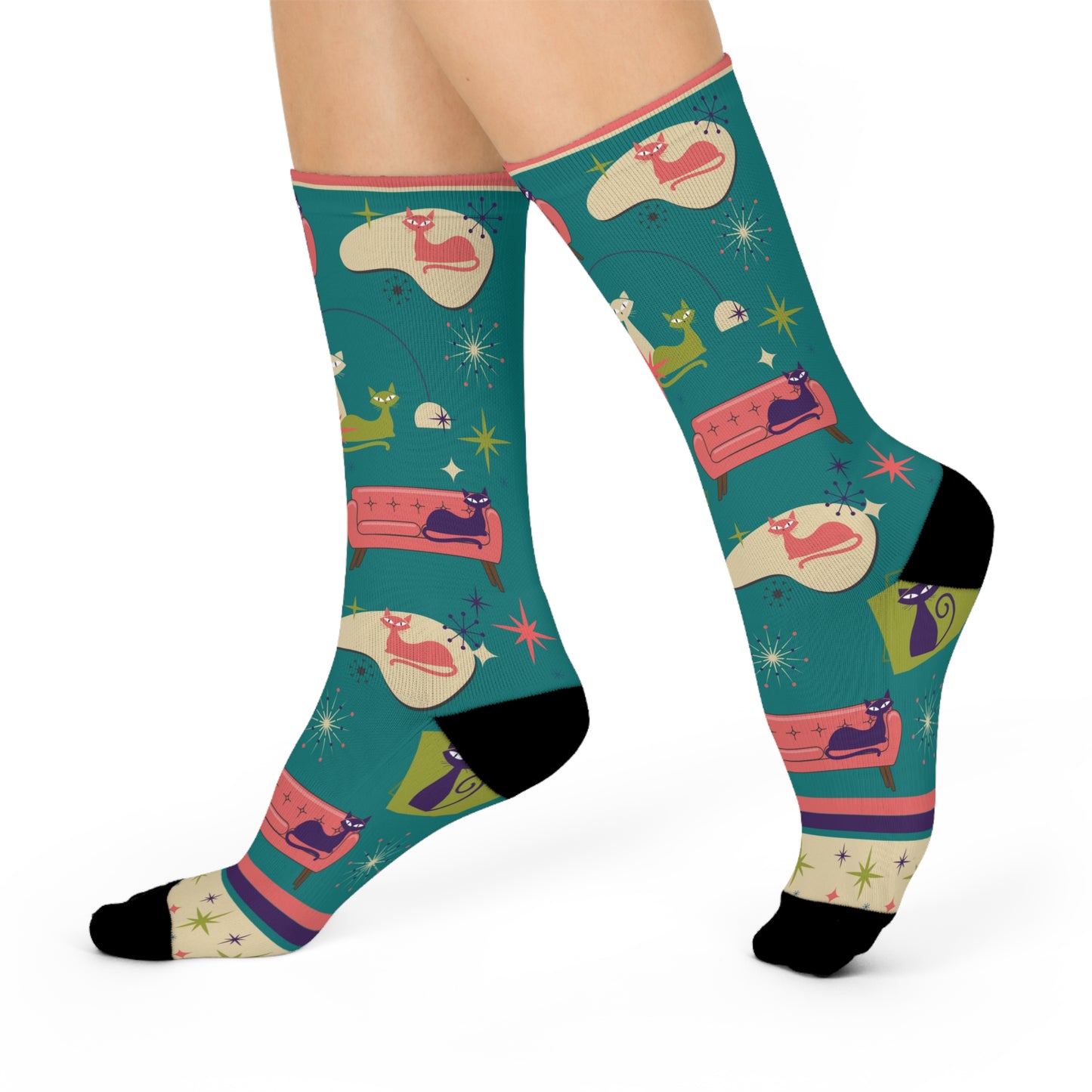 MCM Retro Feline Cat Socks Unisex Adult Stretchy Mid Calf Original