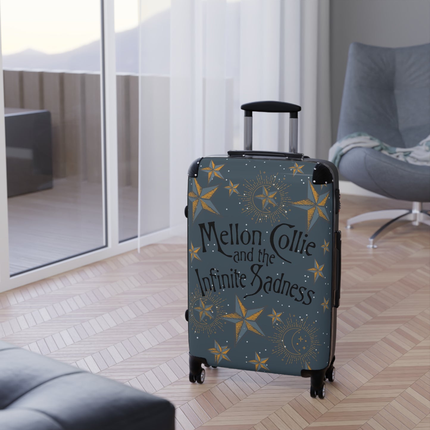 Smashing Pumpkins suitcase gray background golds stars Mellon Collie & Infinite Sadness in apartment