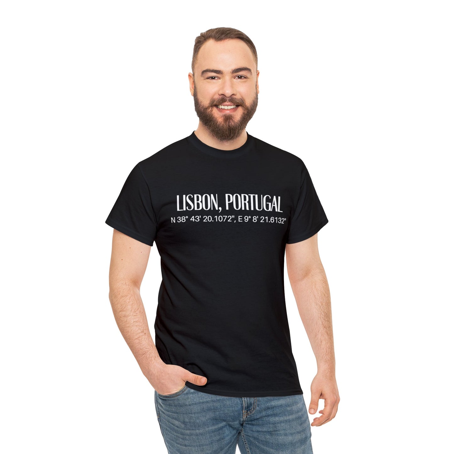 Lisbon, Portugal Coordinates T-Shirt, Modern Travel Tee