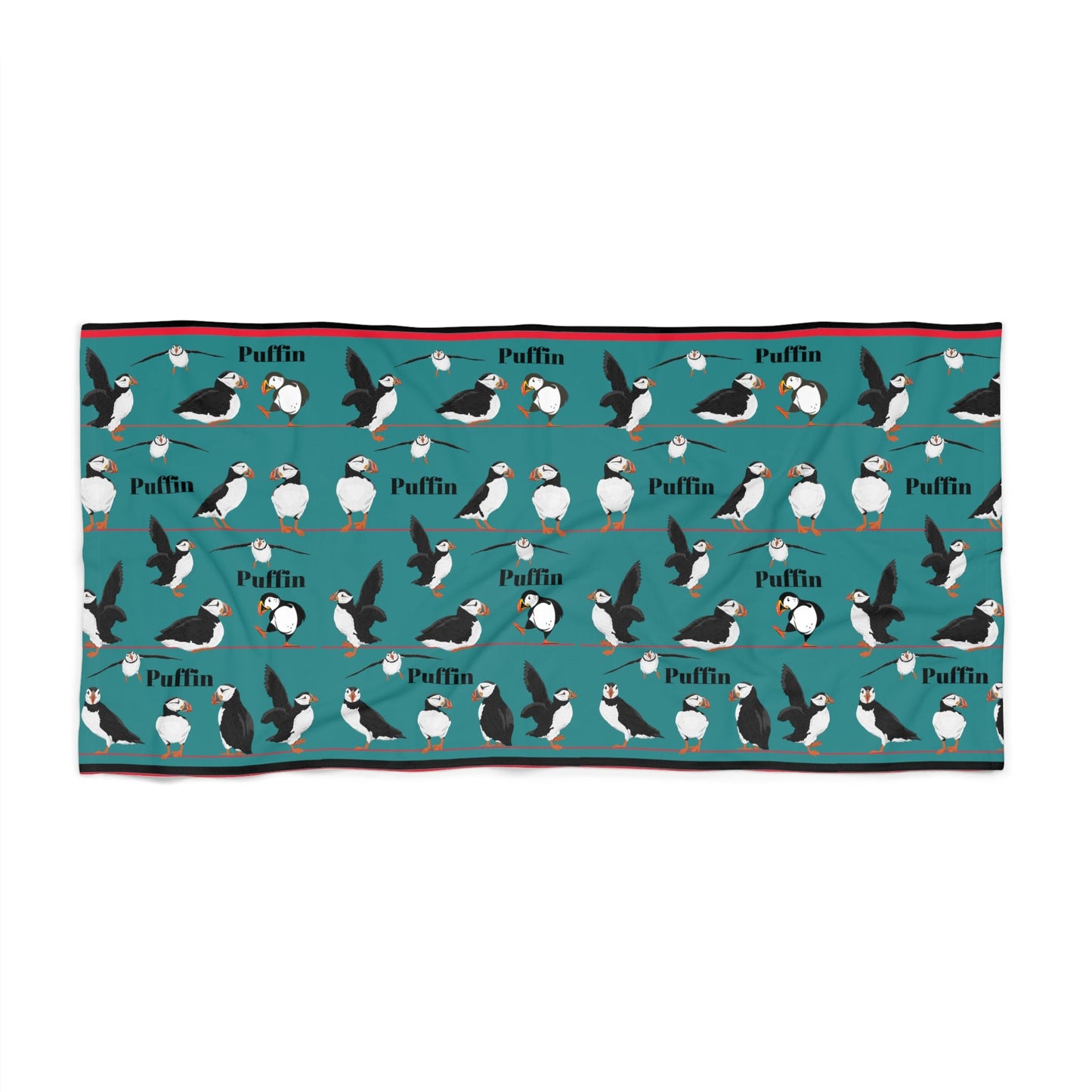 Puffin Beach Towel – Aqua Coastal Bird Art Atlas Wanderlust