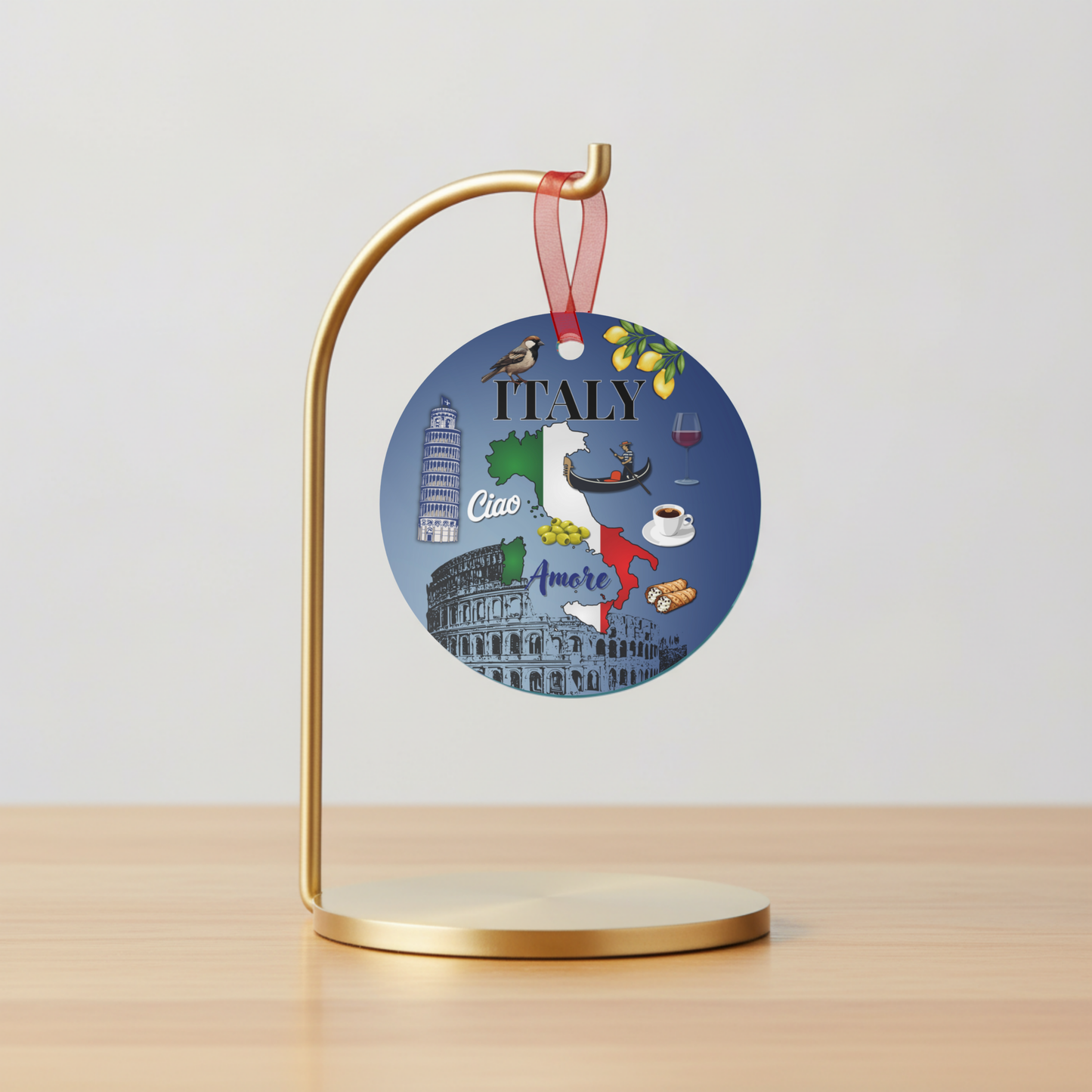 Italy Ornament | Travel-Inspired Souvenir, Keepsake Modern Gift | Italia Pisa Olives Wine Amore Glossy