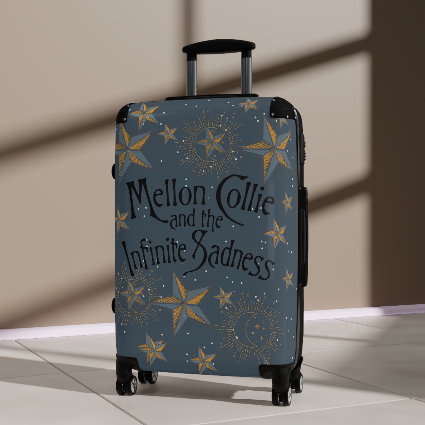 Smashing Pumpkins suitcase gray background golds stars Mellon Collie & Infinite Sadness in lobby