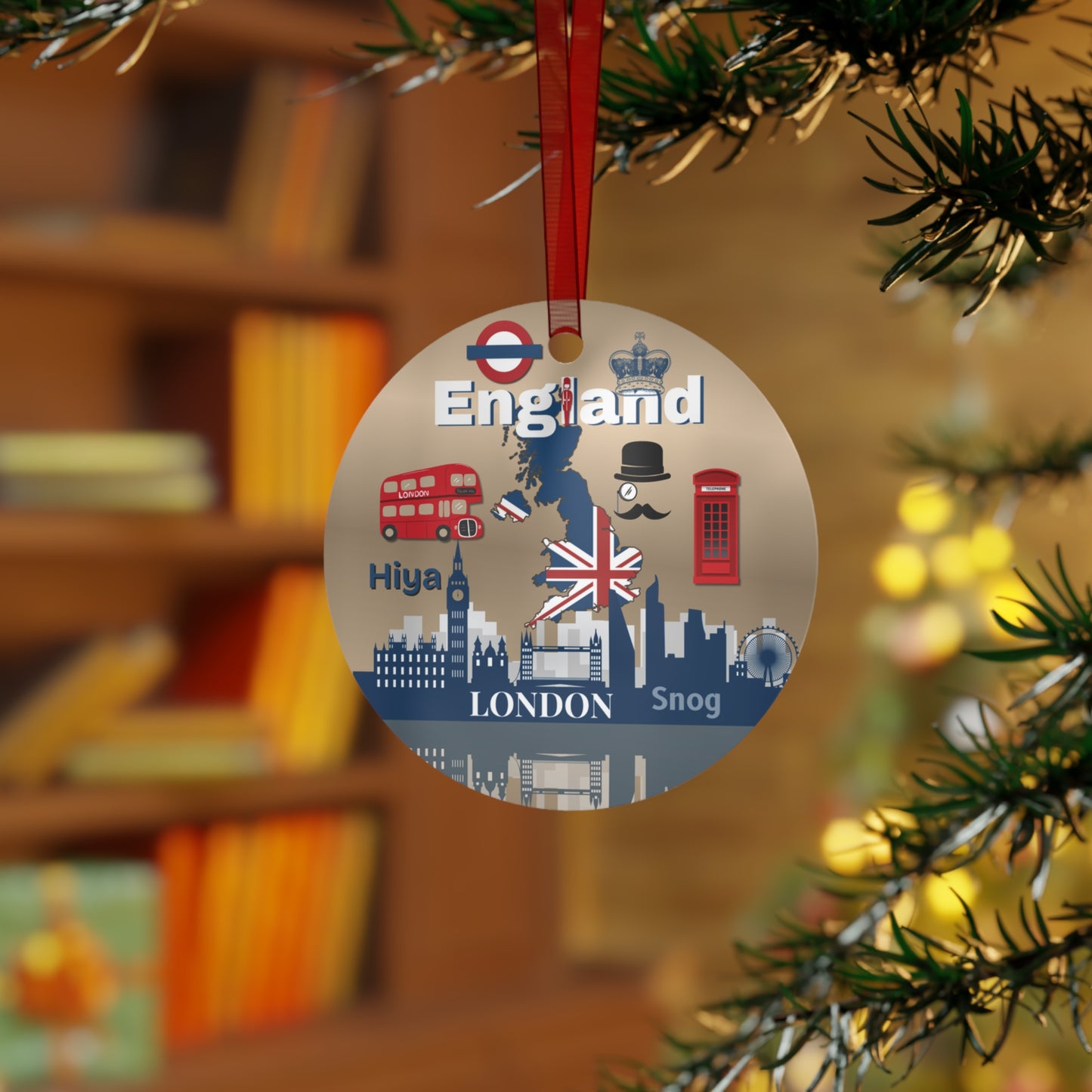 Decorative ornament with London-themed design hanging on a tree