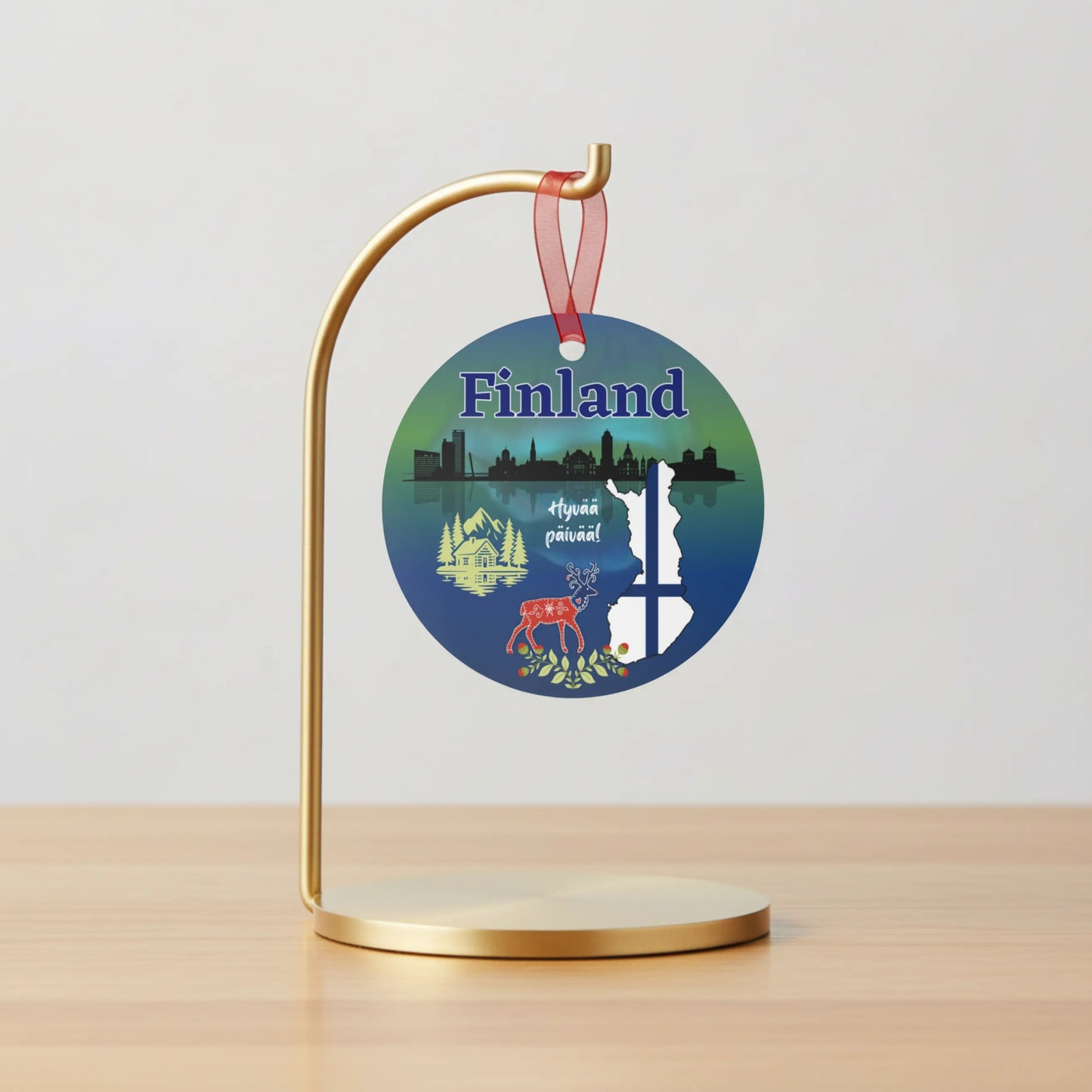 Finland Travel Ornament – Northern Lights, Folk Art Deer & Nordic Landscape Atlas Wanderlust
