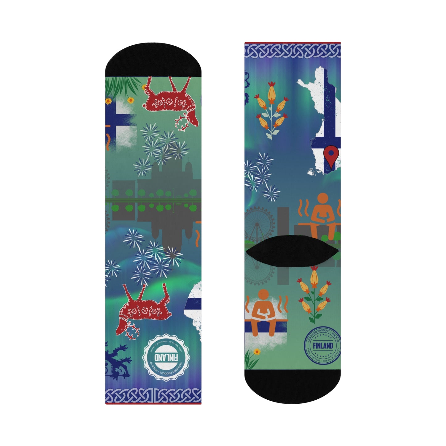 Finland socks northern lights folk art flat view left