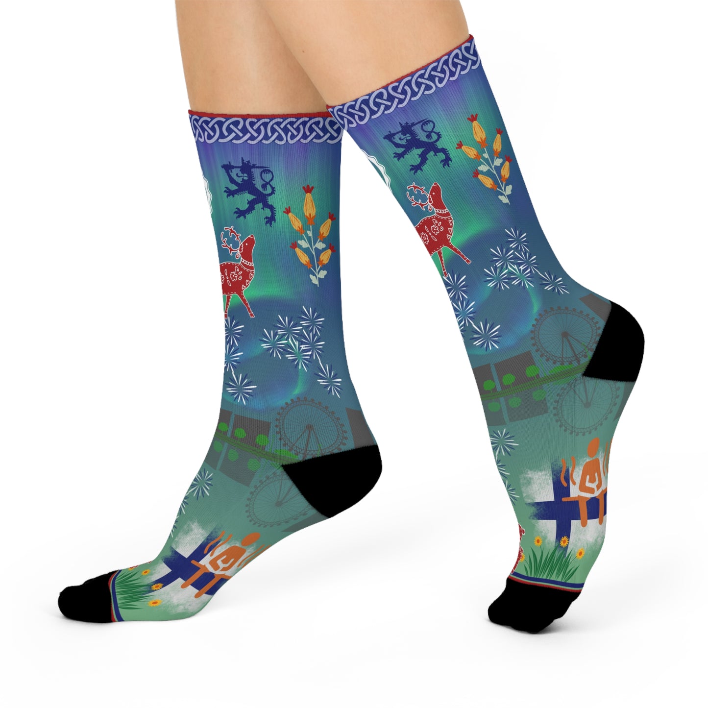 Finland socks northern lights folk art flat view right side view
