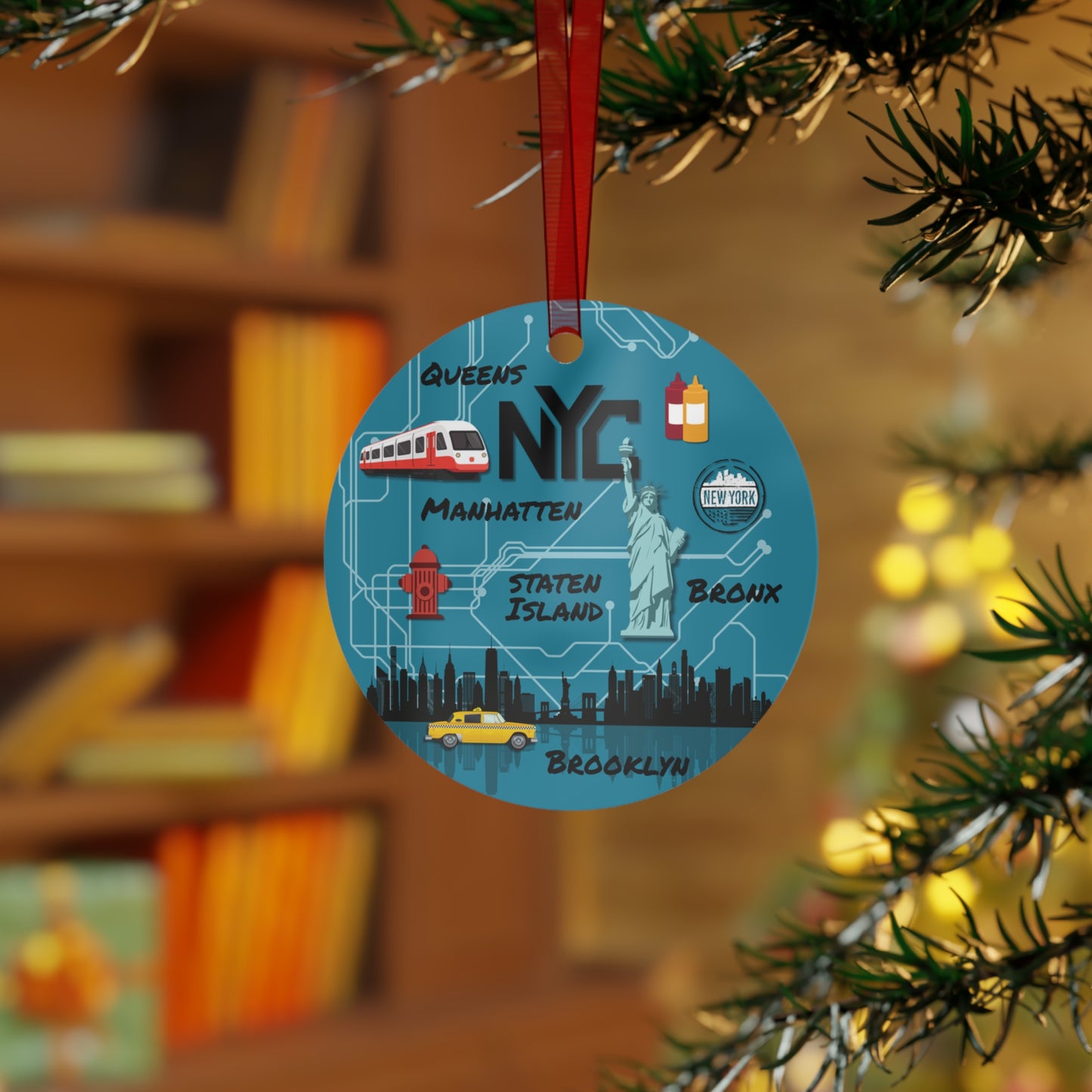 Decorative ornament with NYC map design hanging on a tree