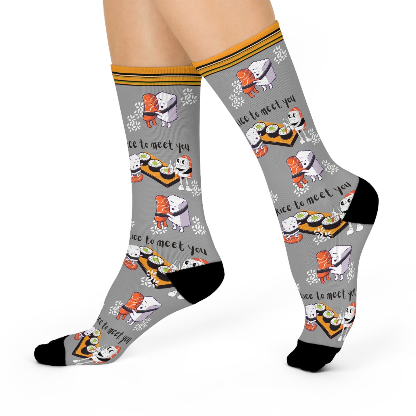 Sushi "Rice To Meet You" Socks Food Pun Unisex Adult Stretchy Mid Calf Original