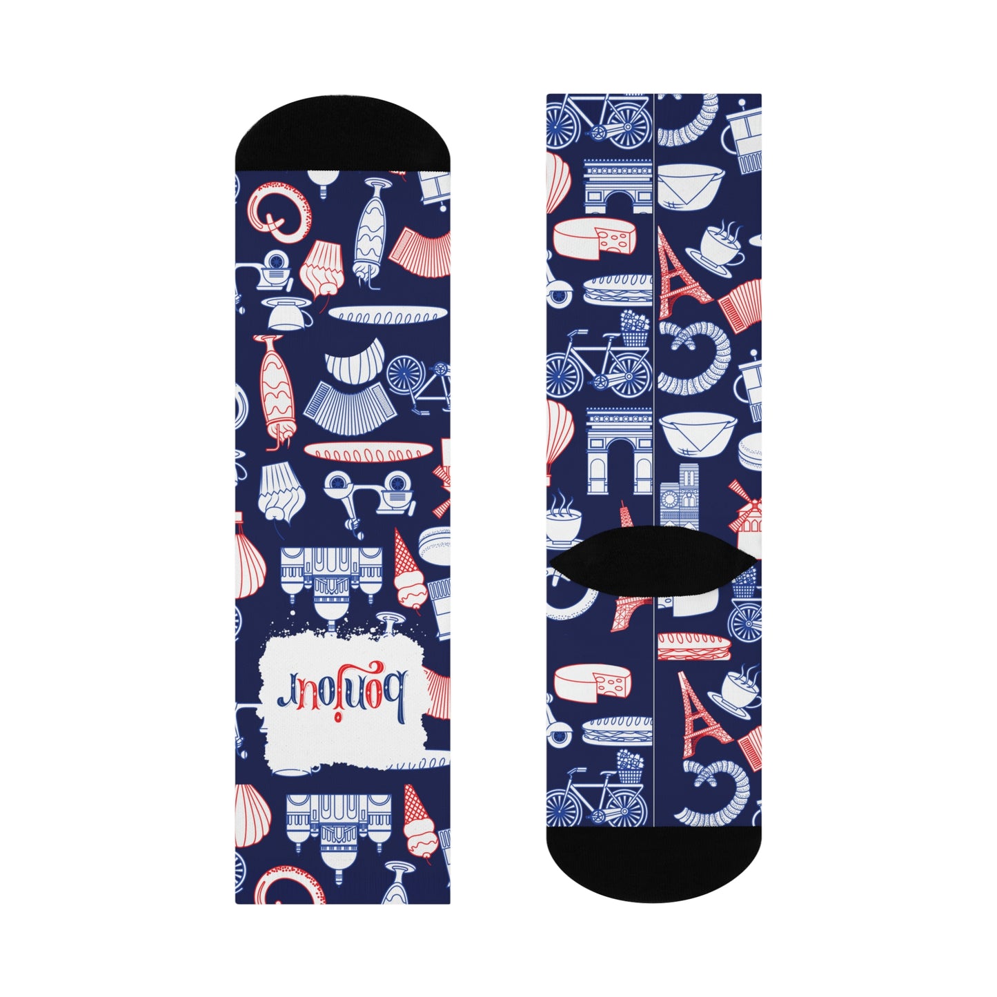 A pair of blue and navy colored socks with a design featuring French motifs such as the Eiffel Tower, a chocolate dessert, and other cultural elements.