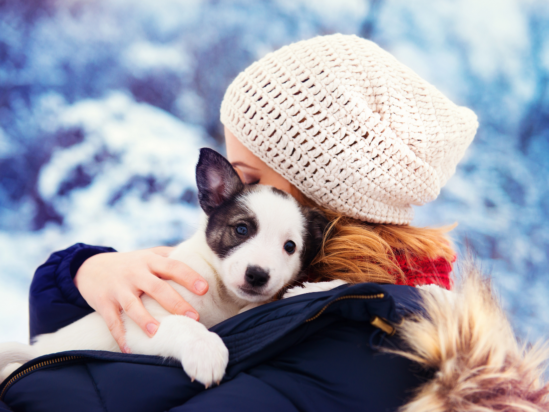 women in the snow holding her small puppy close to her