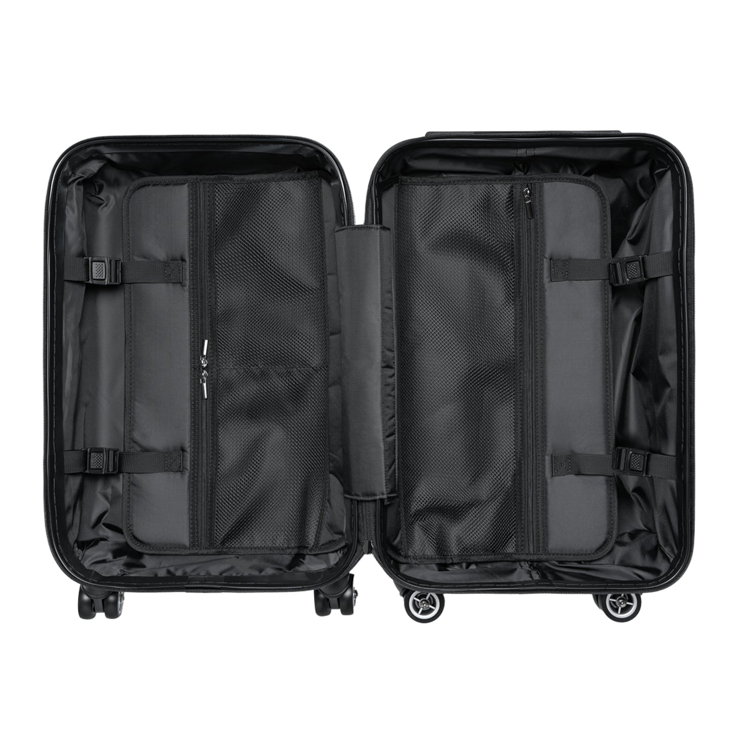 inside view of opened suitcase pockets zippers straps black