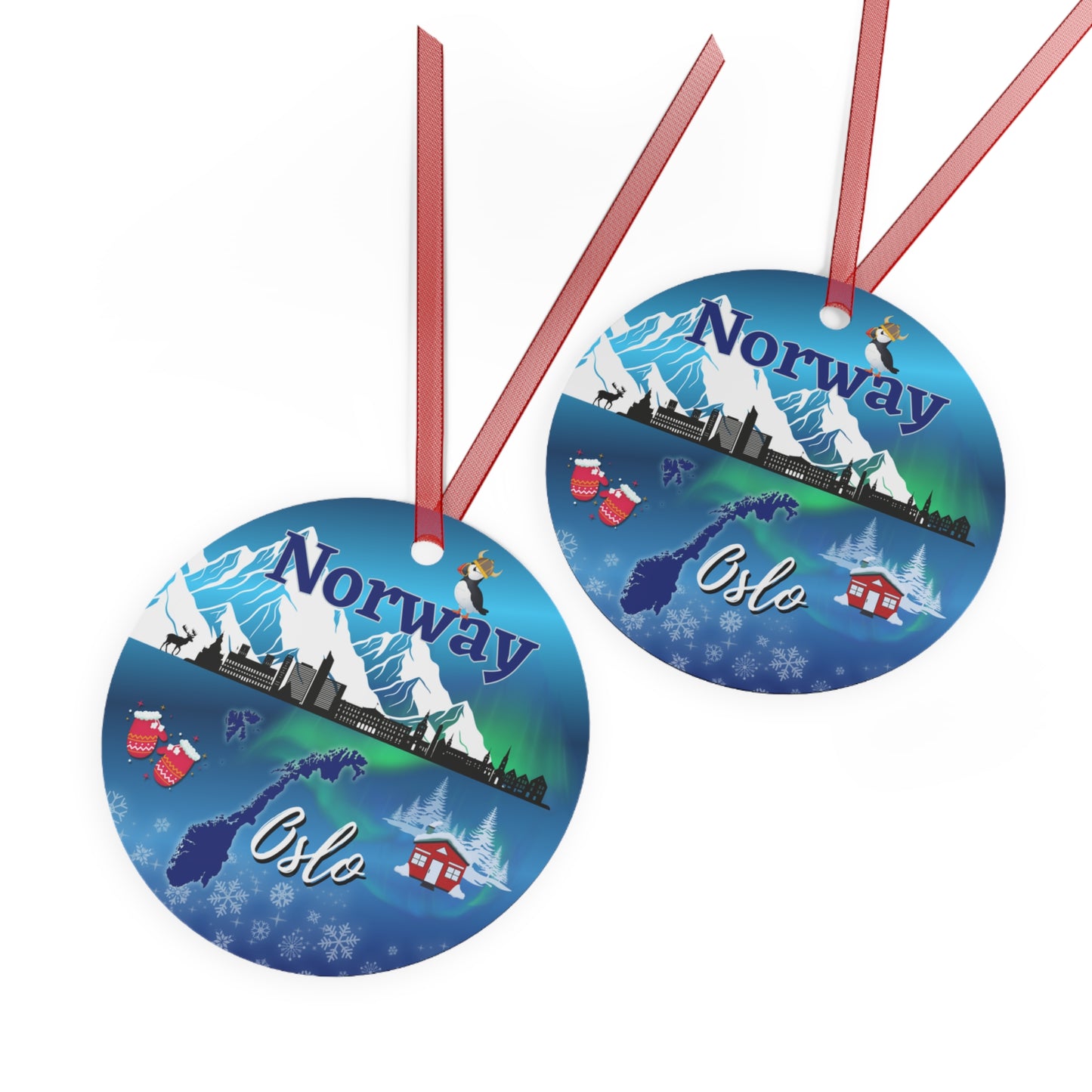 Norway travel ornament featuring the Oslo skyline, Northern Lights, and dramatic fjords in a detailed decorative design