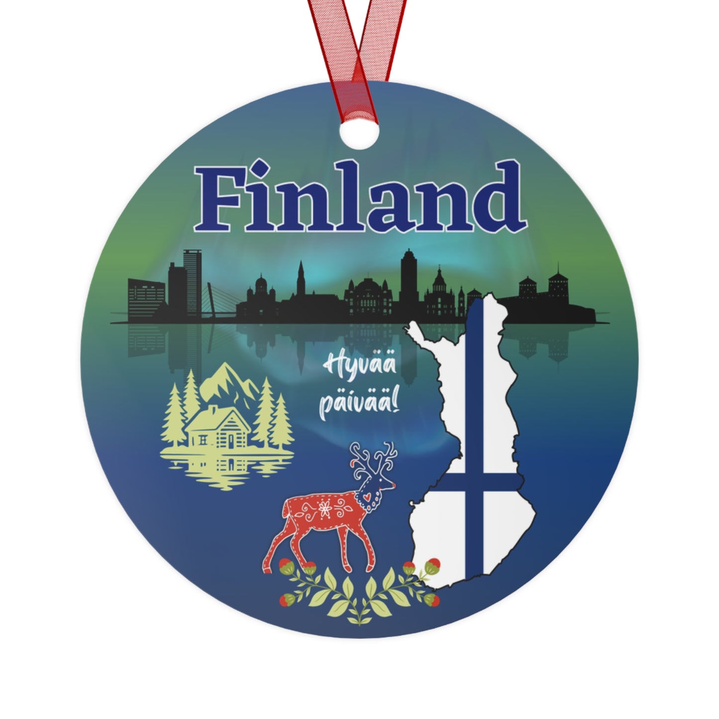 Finland travel ornament featuring Northern Lights, a folk art deer, and a Nordic landscape in a detailed decorative design