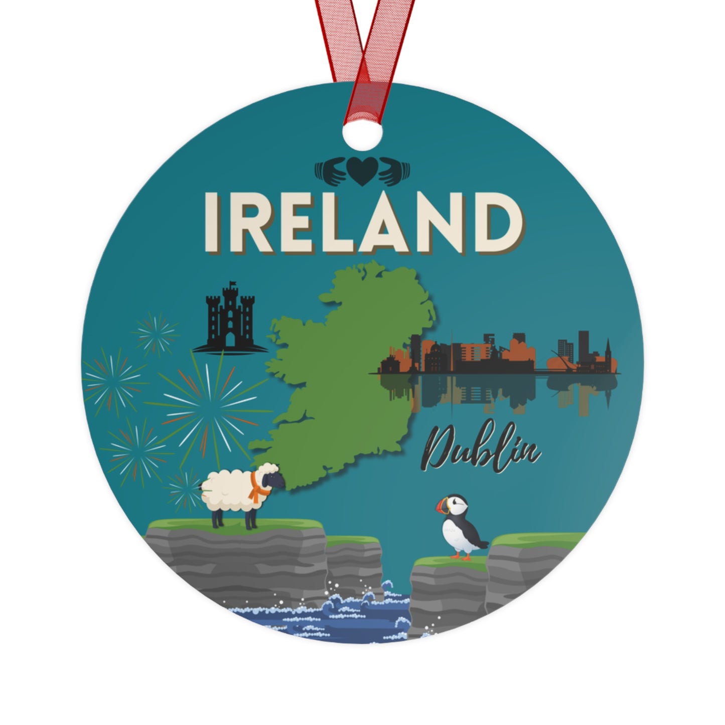 Ireland travel ornament featuring the Cliffs of Moher, a puffin, and the Dublin skyline in a detailed decorative design