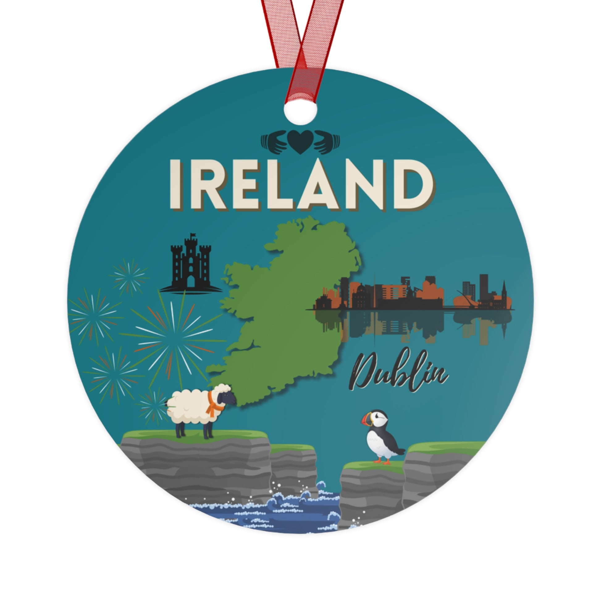 Ireland travel ornament featuring the Cliffs of Moher, a puffin, and the Dublin skyline in a detailed decorative design