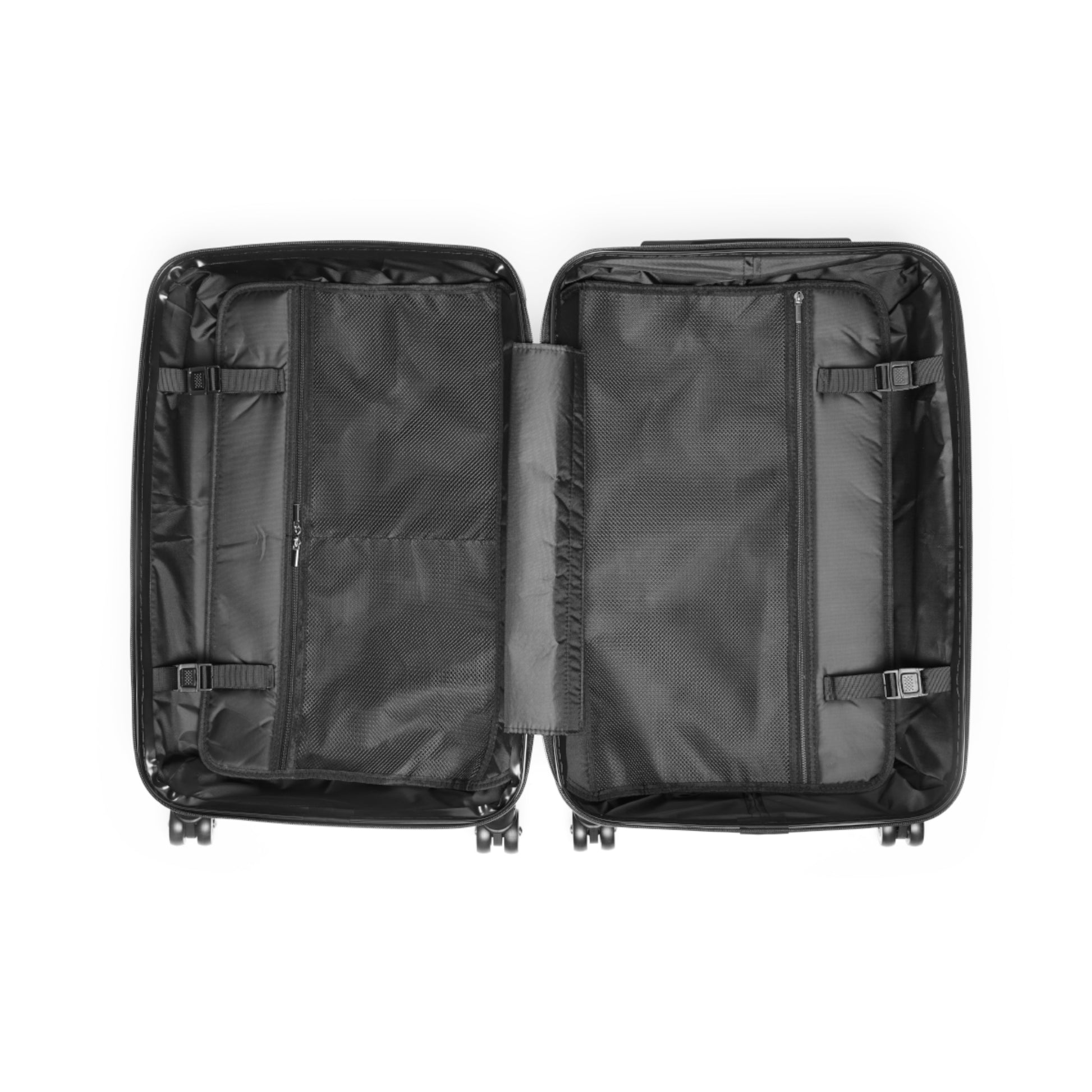 Inside view of suitcase zippers pockets straps black