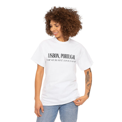 Lisbon, Portugal Coordinates T-Shirt, Modern Travel Tee