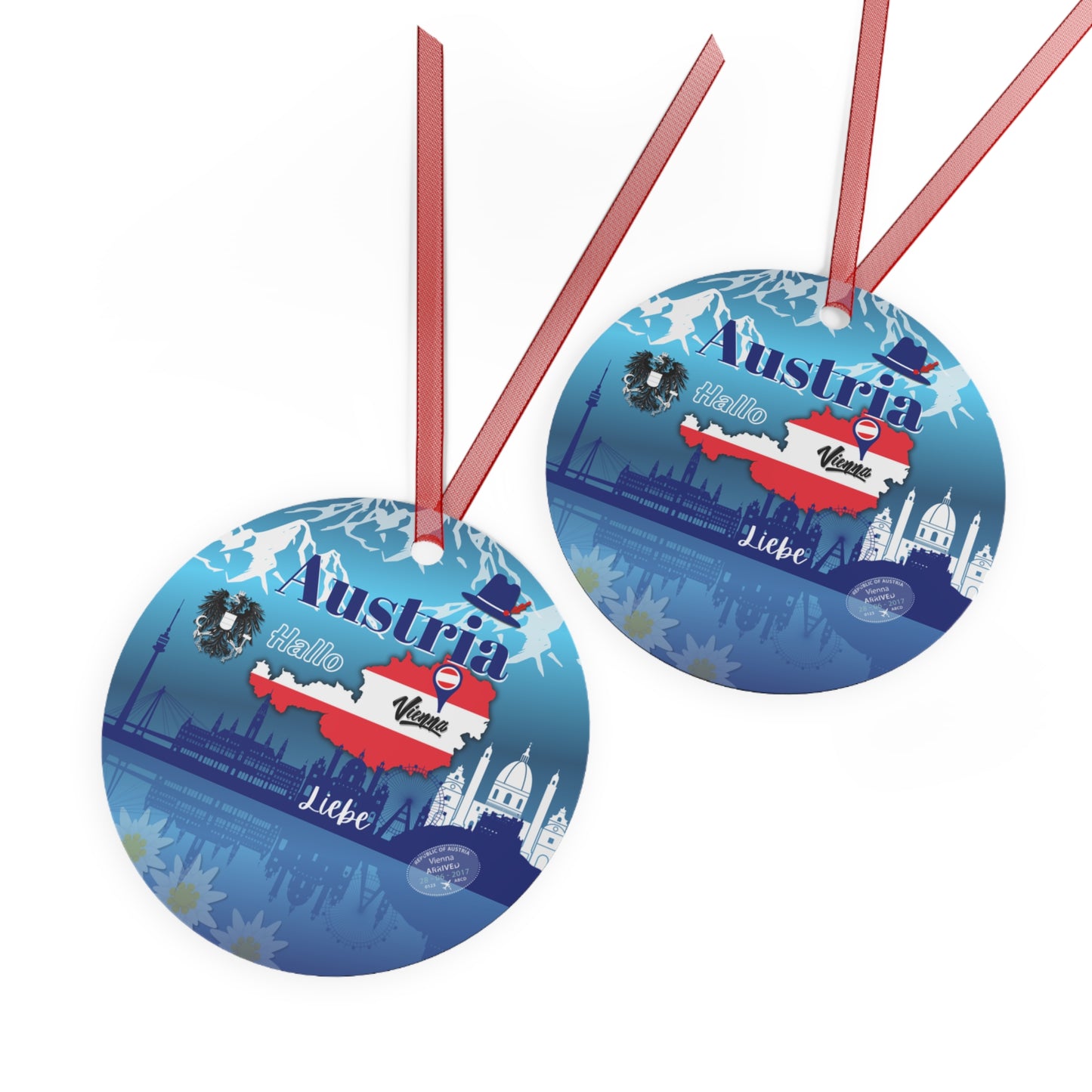 Two round blue hanging ornaments with Austria-themed designs on a white background.