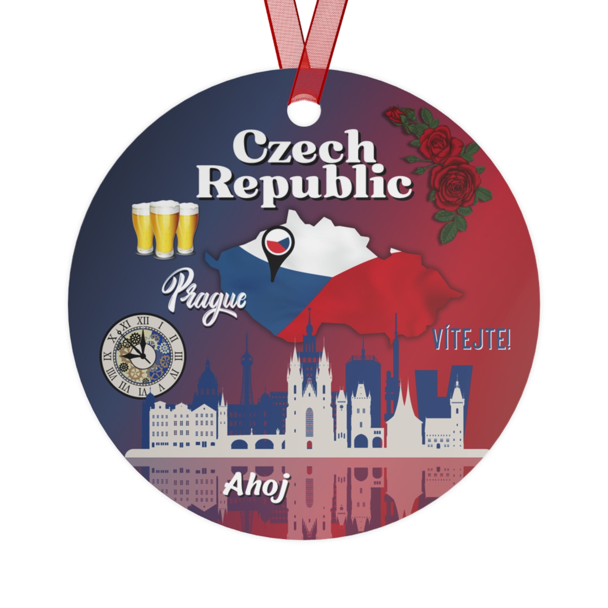 Circular decorative item with Czech Republic-themed design featuring a map, beer glasses, and skyline.