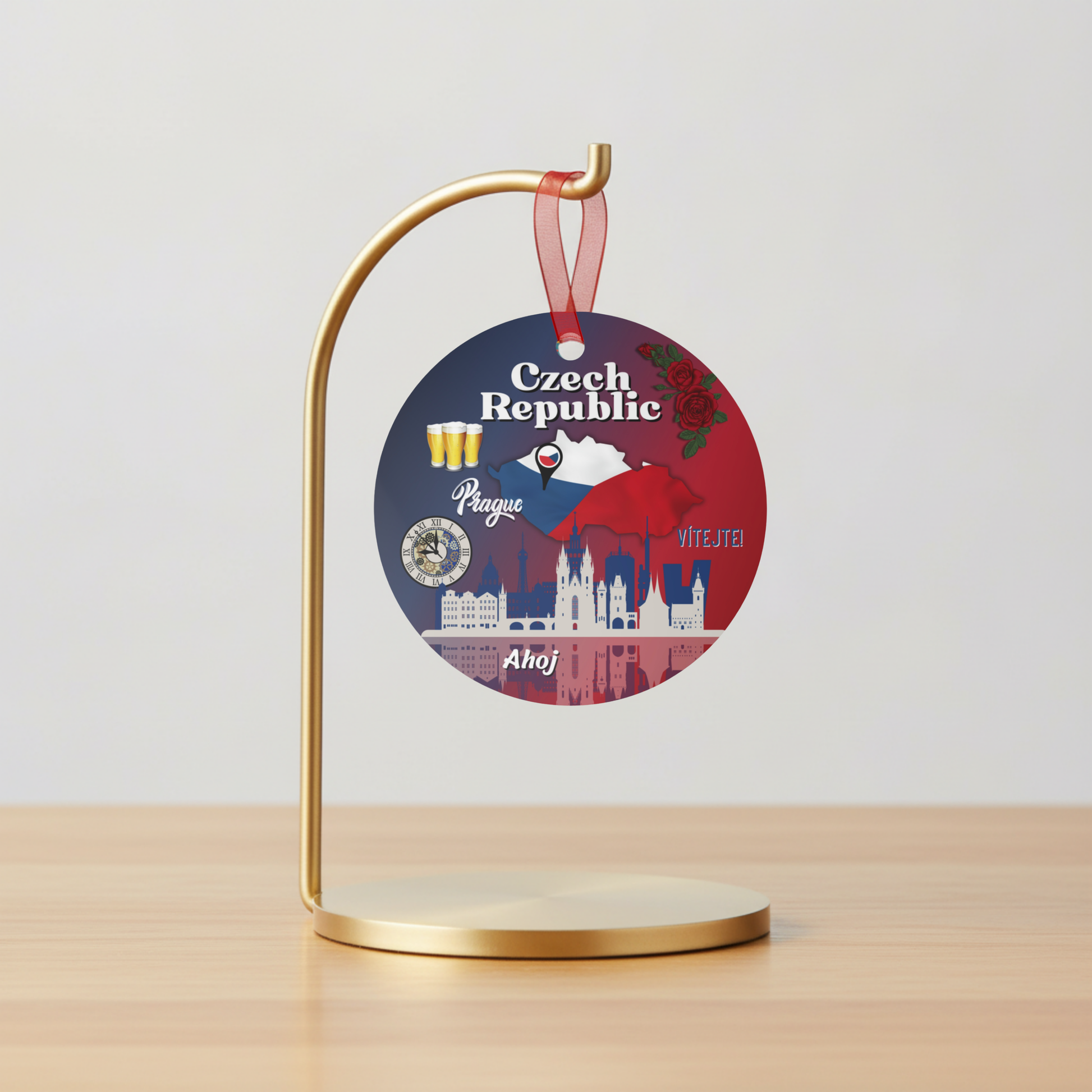 Decorative round sign with 'Czech Republic' text on a gold stand against a light gray background