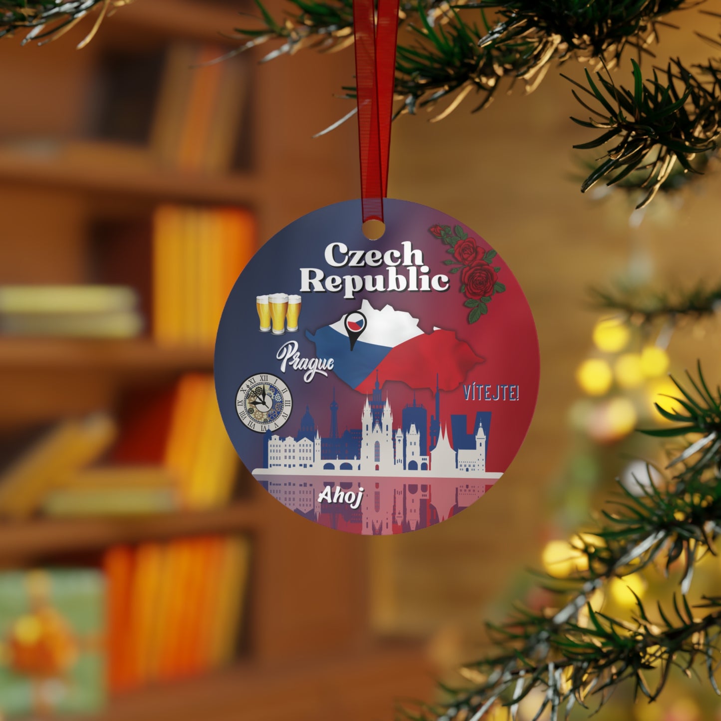Decorative ornament with Czech Republic design hanging on a tree