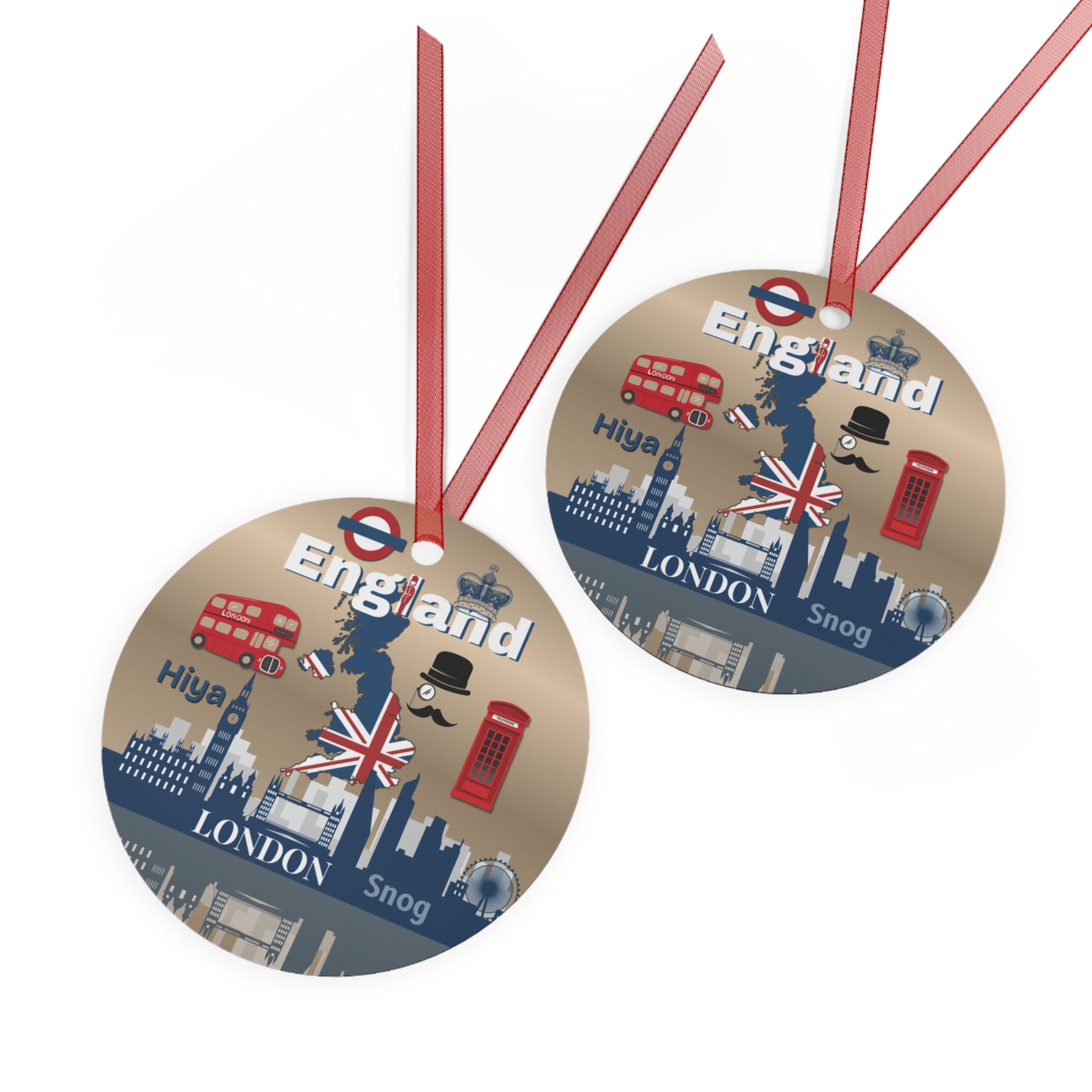 Two round ornaments with London-themed designs on a white background