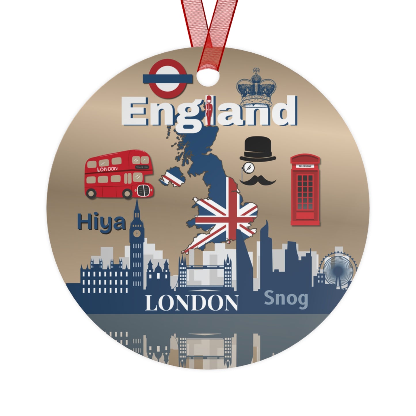 Circular ornament with British-themed design featuring a red double-decker bus, phone box, and Union Jack.