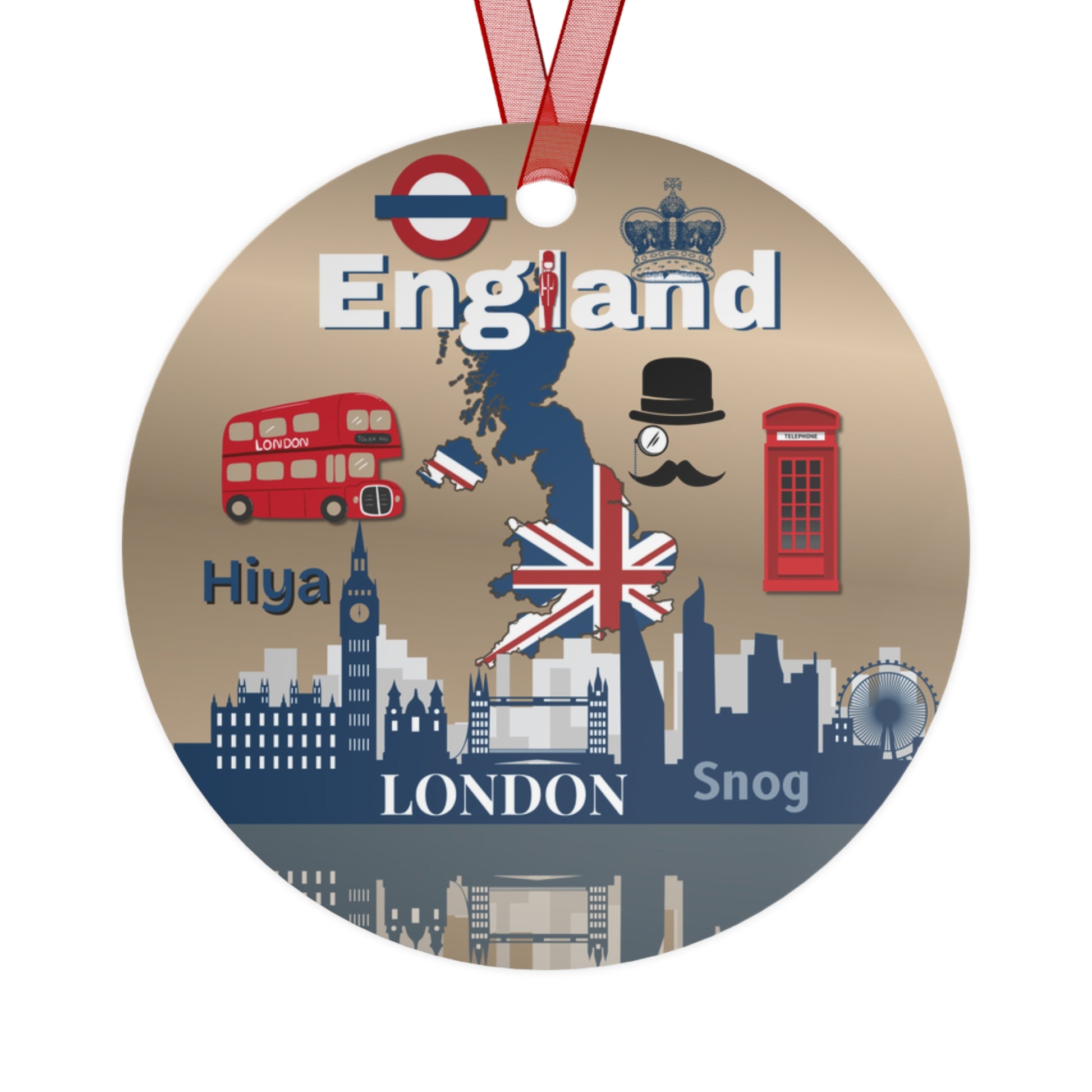 Circular ornament with British-themed design featuring a red double-decker bus, phone box, and Union Jack.