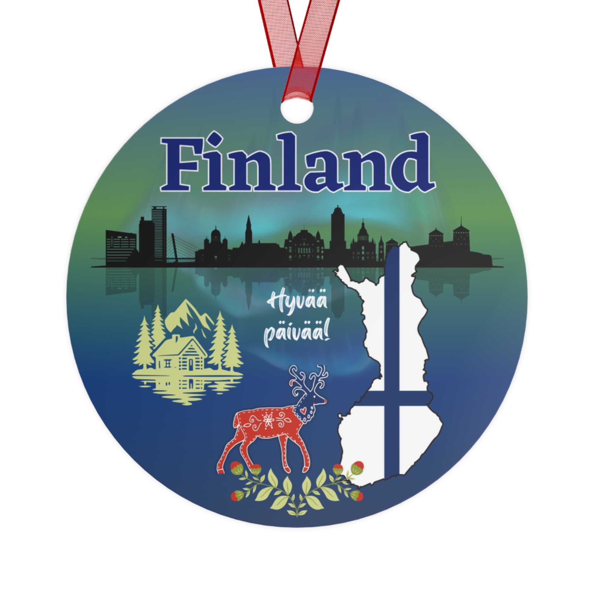 Finland travel ornament featuring Northern Lights, a folk art deer, and a Nordic landscape in a detailed decorative design
