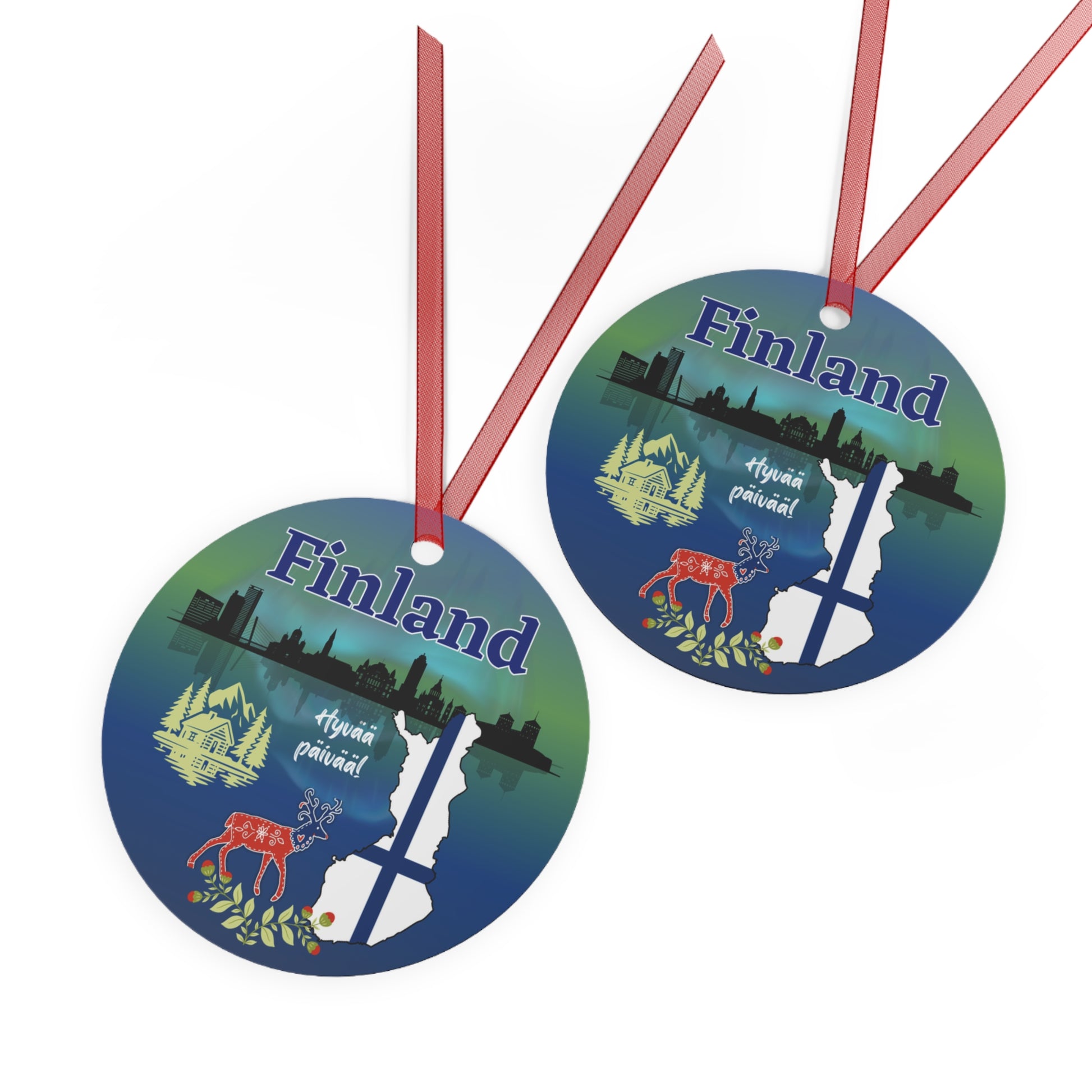 Finland travel ornament featuring Northern Lights, a folk art deer, and a Nordic landscape in a detailed decorative design