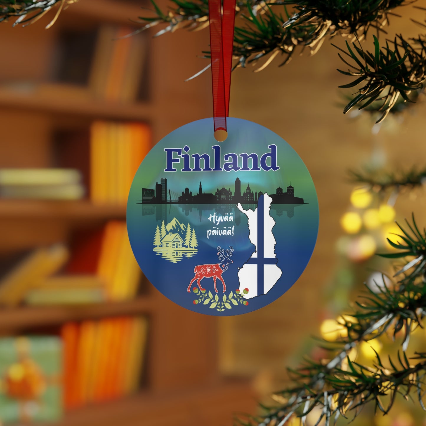 Finland travel ornament featuring Northern Lights, a folk art deer, and a Nordic landscape in a detailed decorative design