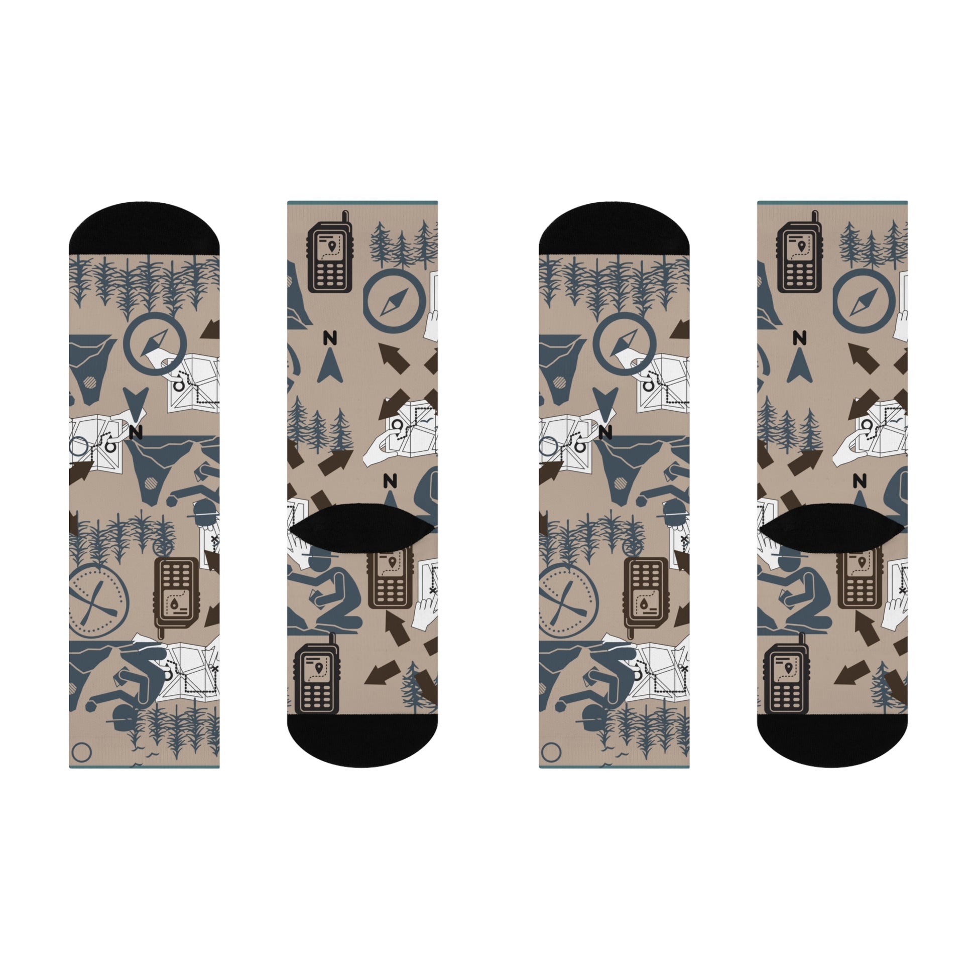 Geocaching Socks iconography caching gps, trees, compass, maps, arrows, geocachers