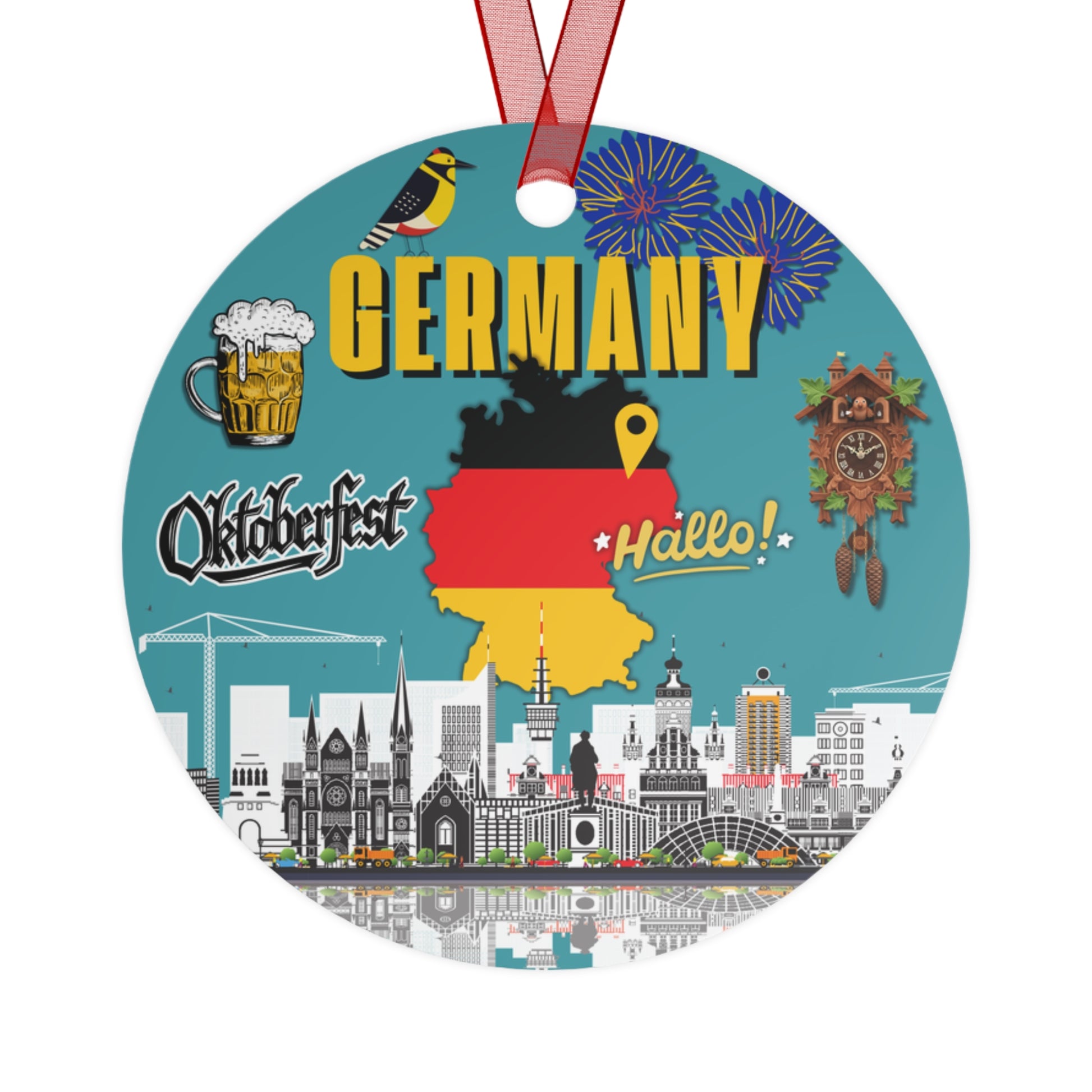 Circular ornament with German-themed design including beer mug, cuckoo clock, and cityscape.