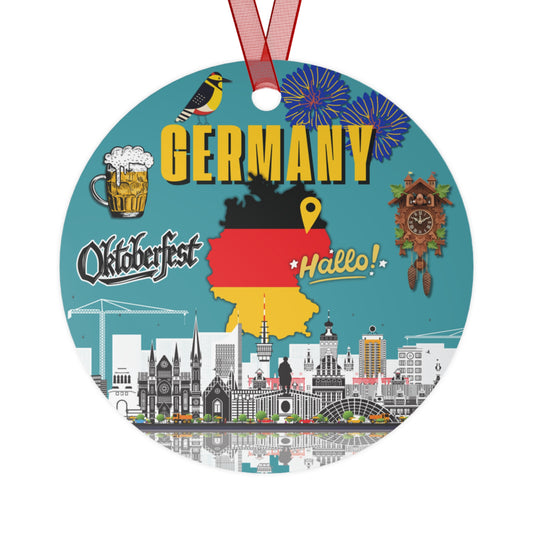 Circular ornament with German-themed design featuring beer, cuckoo clock, and cityscape.