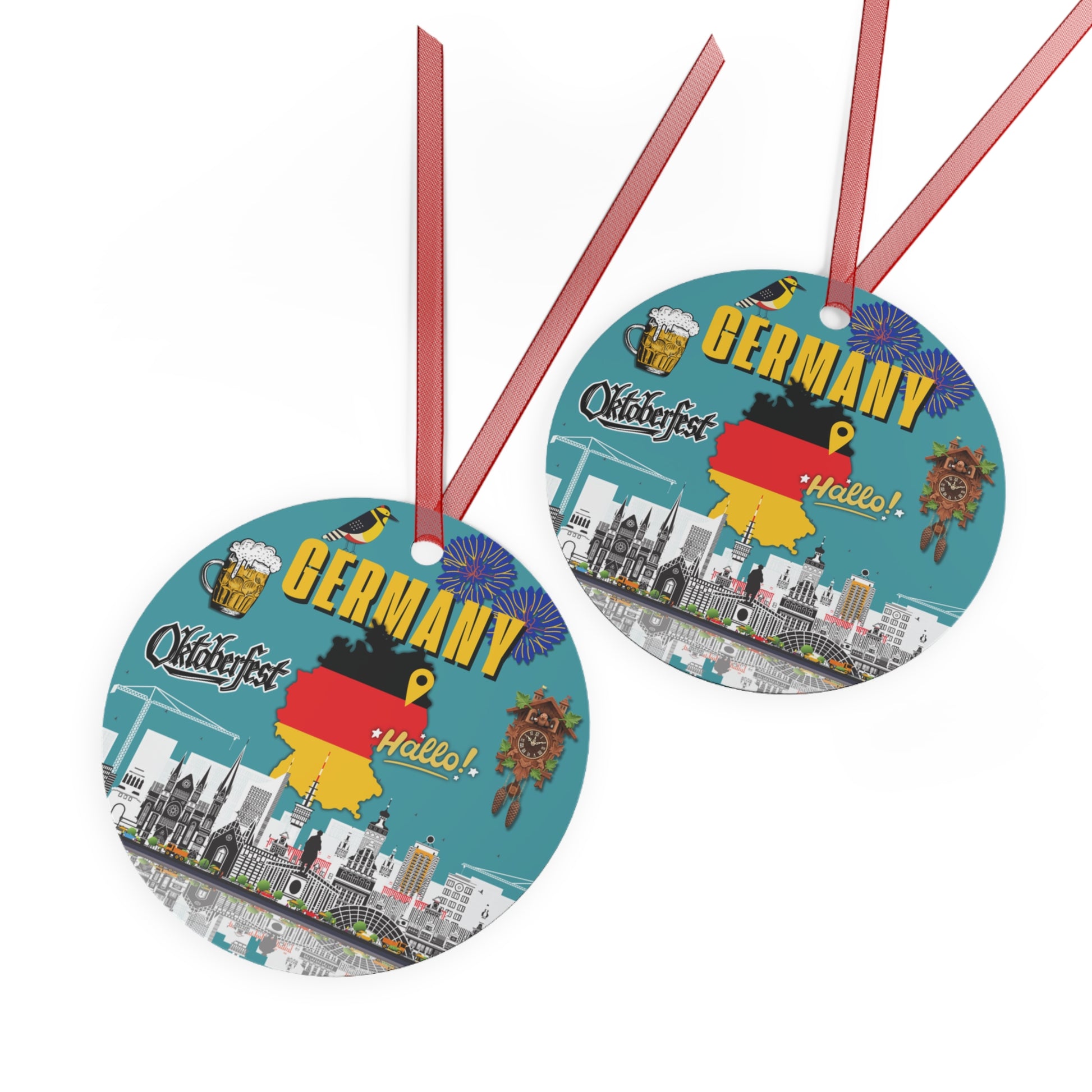 Two circular ornaments with German-themed designs featuring beer mugs, the German flag, and cityscapes.