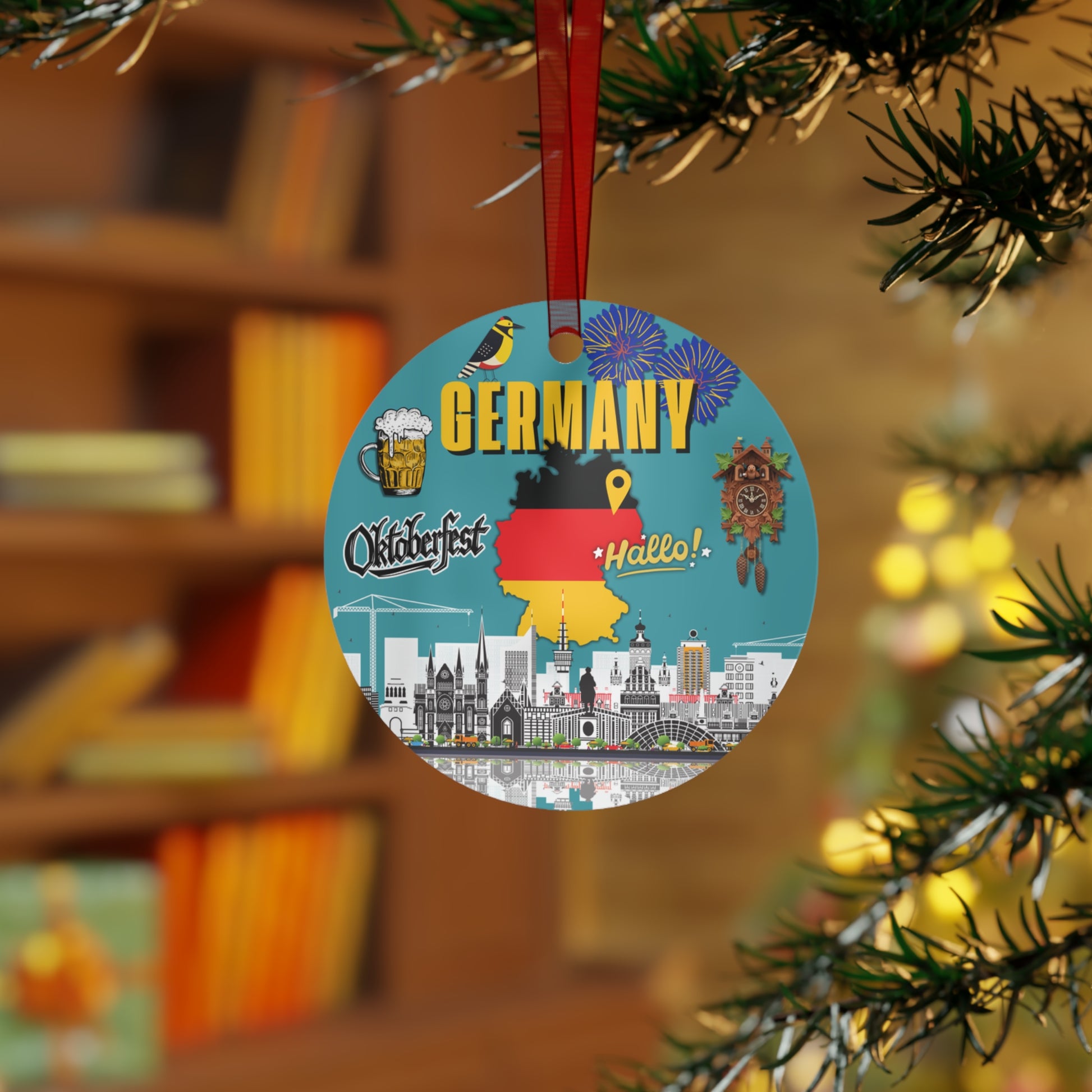 Decorative ornament with German-themed design hanging on a tree.