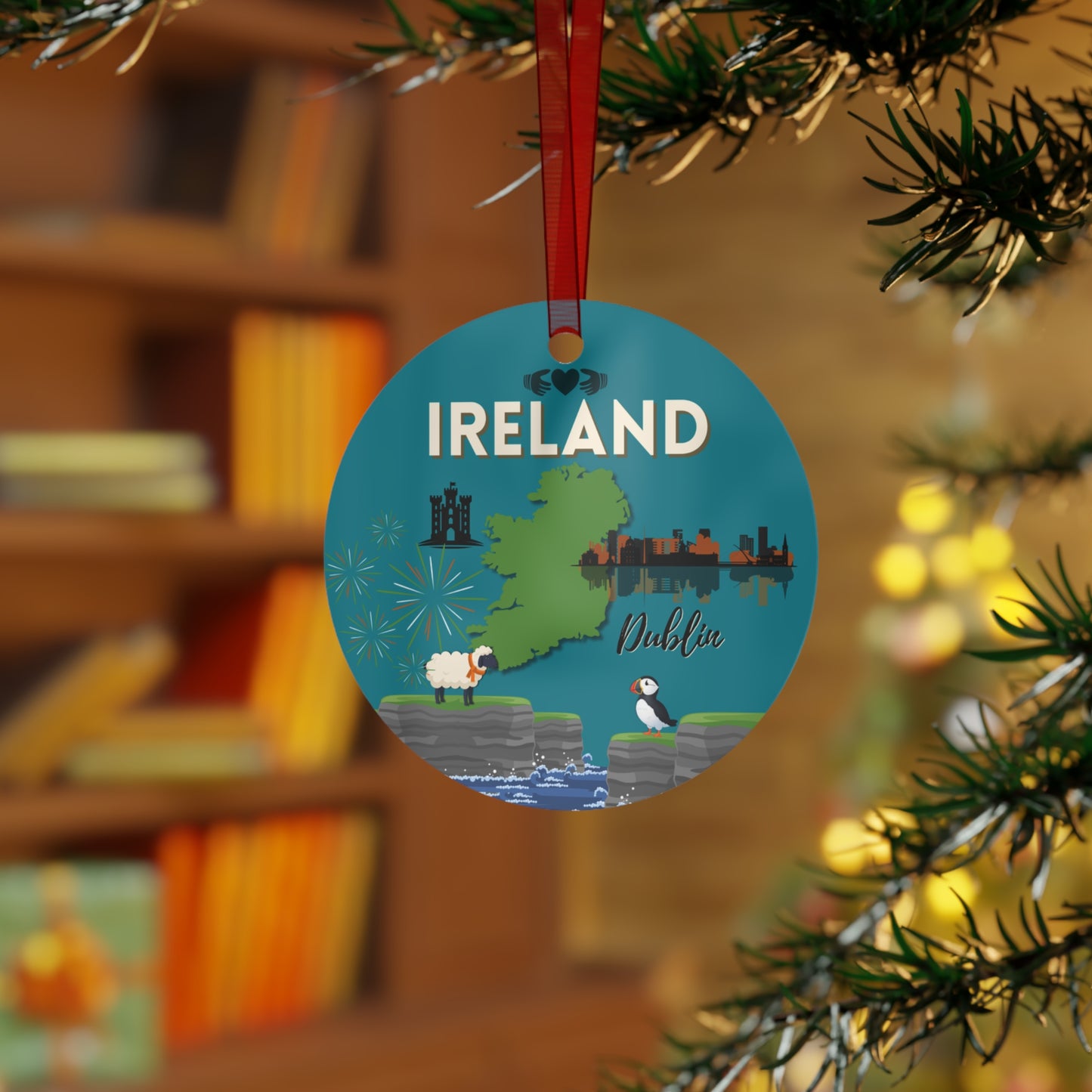 Ireland travel ornament featuring the Cliffs of Moher, a puffin, and the Dublin skyline in a detailed decorative design