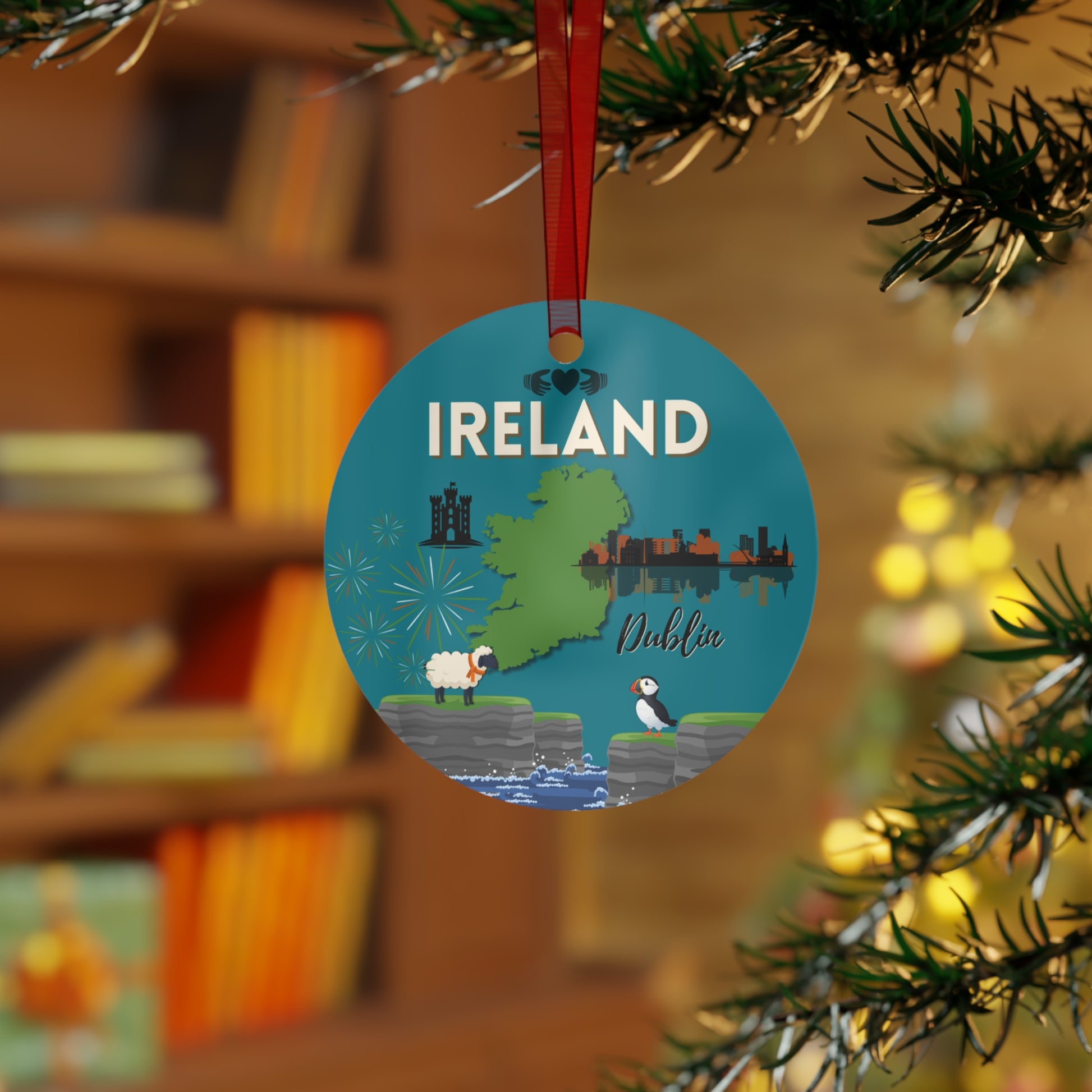 Ireland travel ornament featuring the Cliffs of Moher, a puffin, and the Dublin skyline in a detailed decorative design