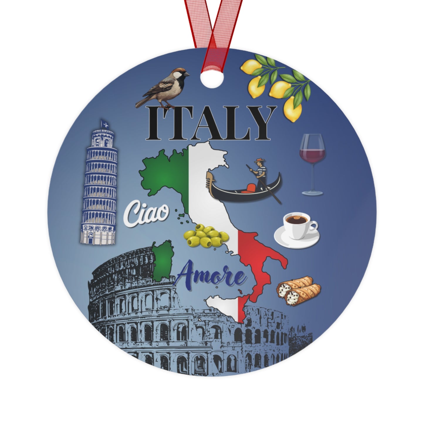 Decorative round ornament with Italian-themed illustrations on a blue background