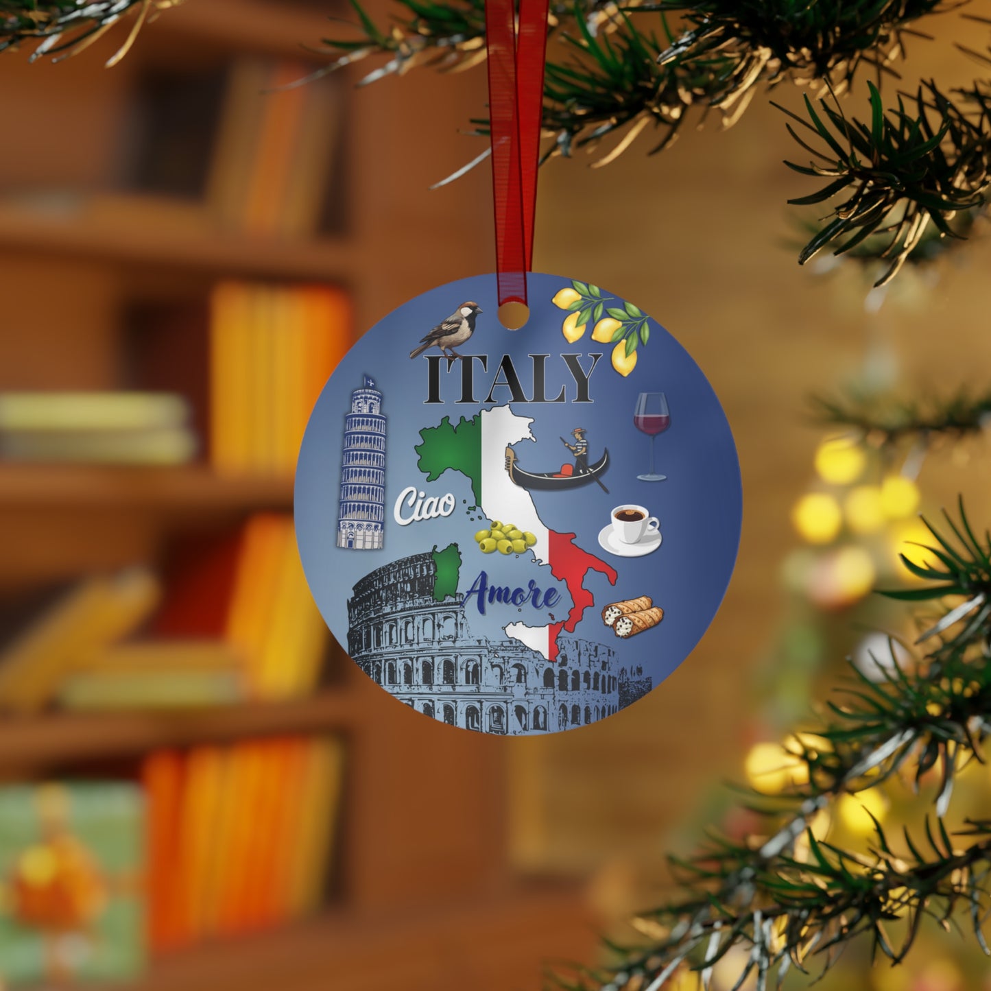 Decorative ornament with Italian-themed illustrations hanging on a tree.