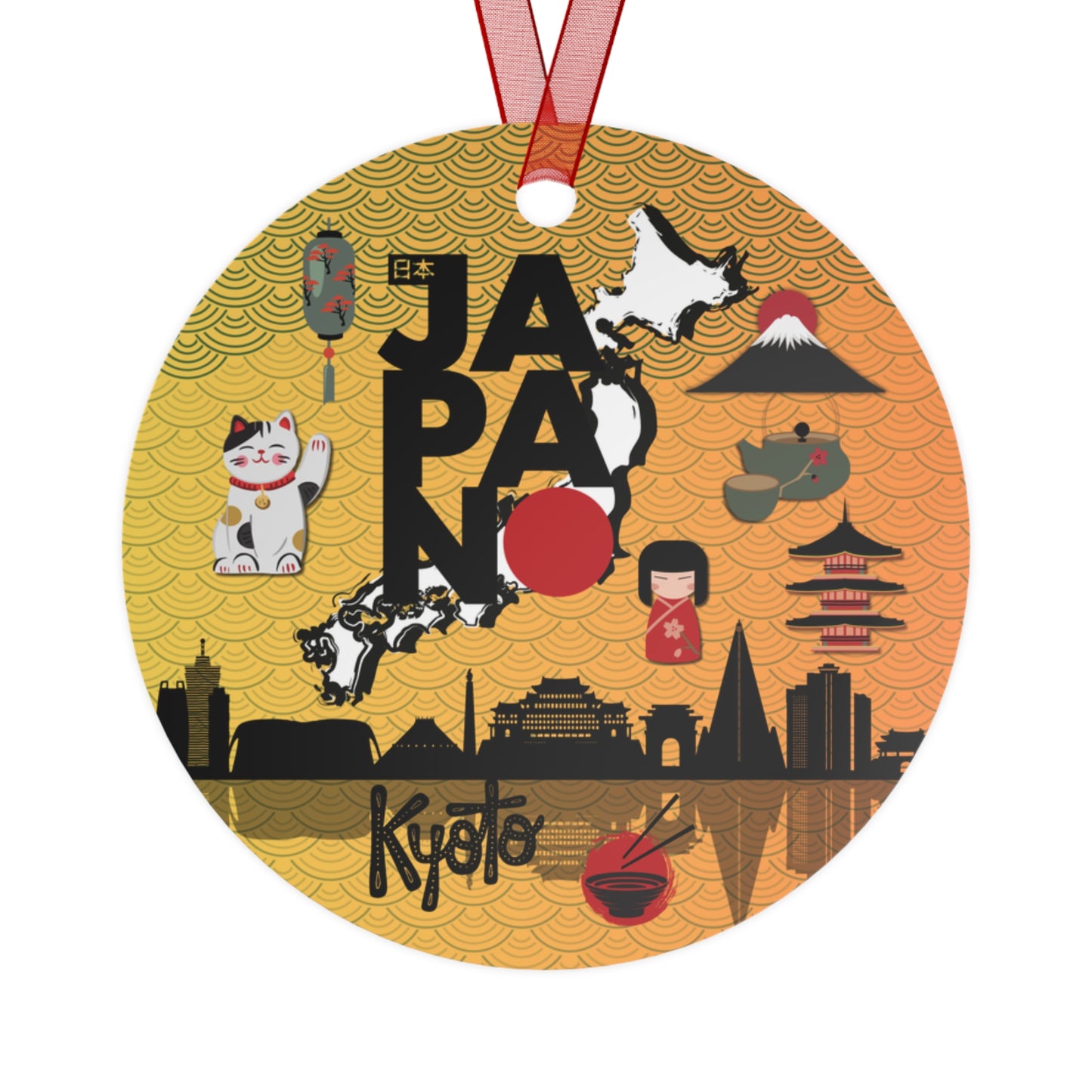 Circular ornament with Japanese-themed illustrations and 'Japan Kyoto' text on a yellow background.