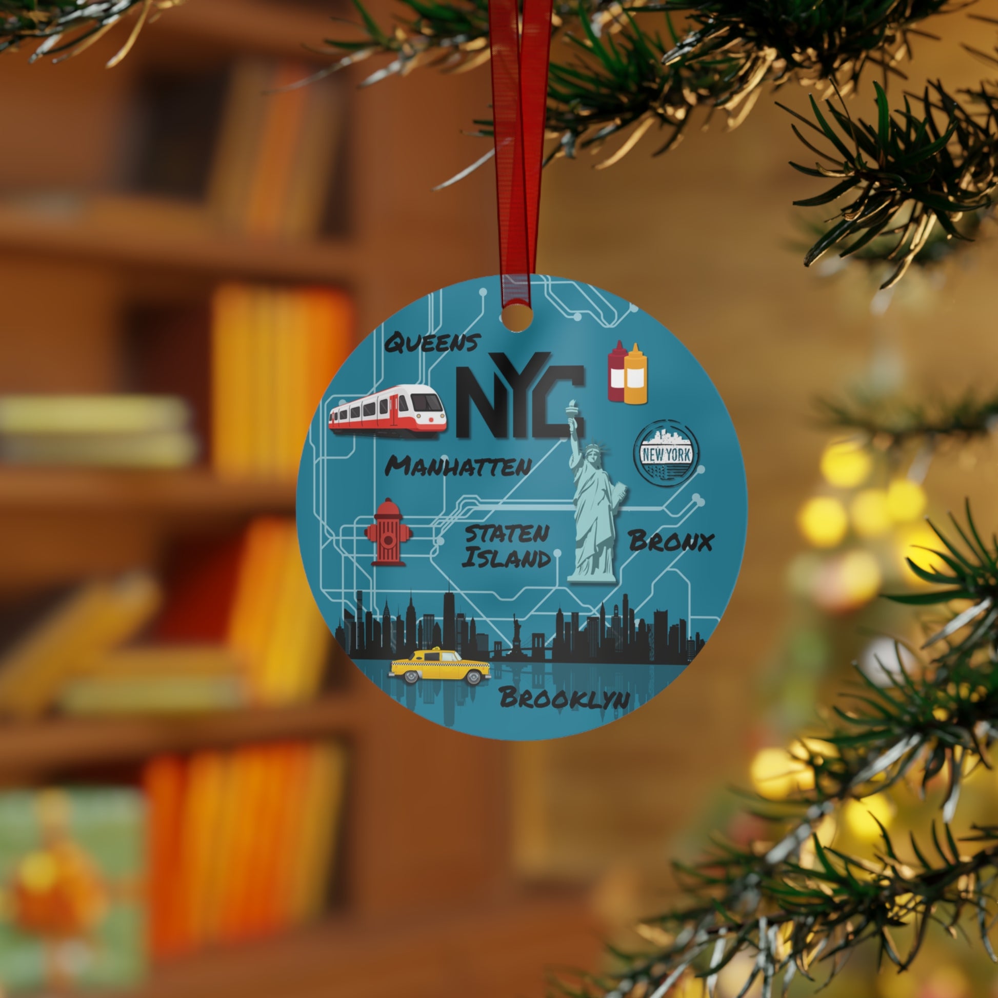 Decorative ornament with NYC map design hanging on a tree