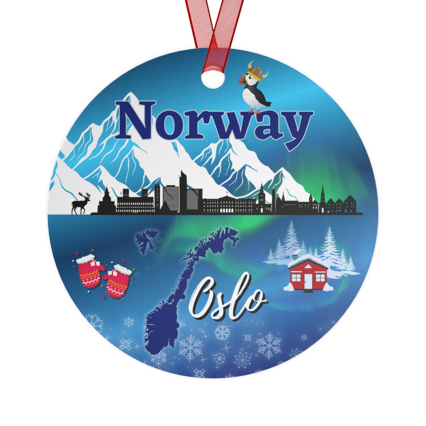 Norway travel ornament featuring the Oslo skyline, Northern Lights, and dramatic fjords in a detailed decorative design