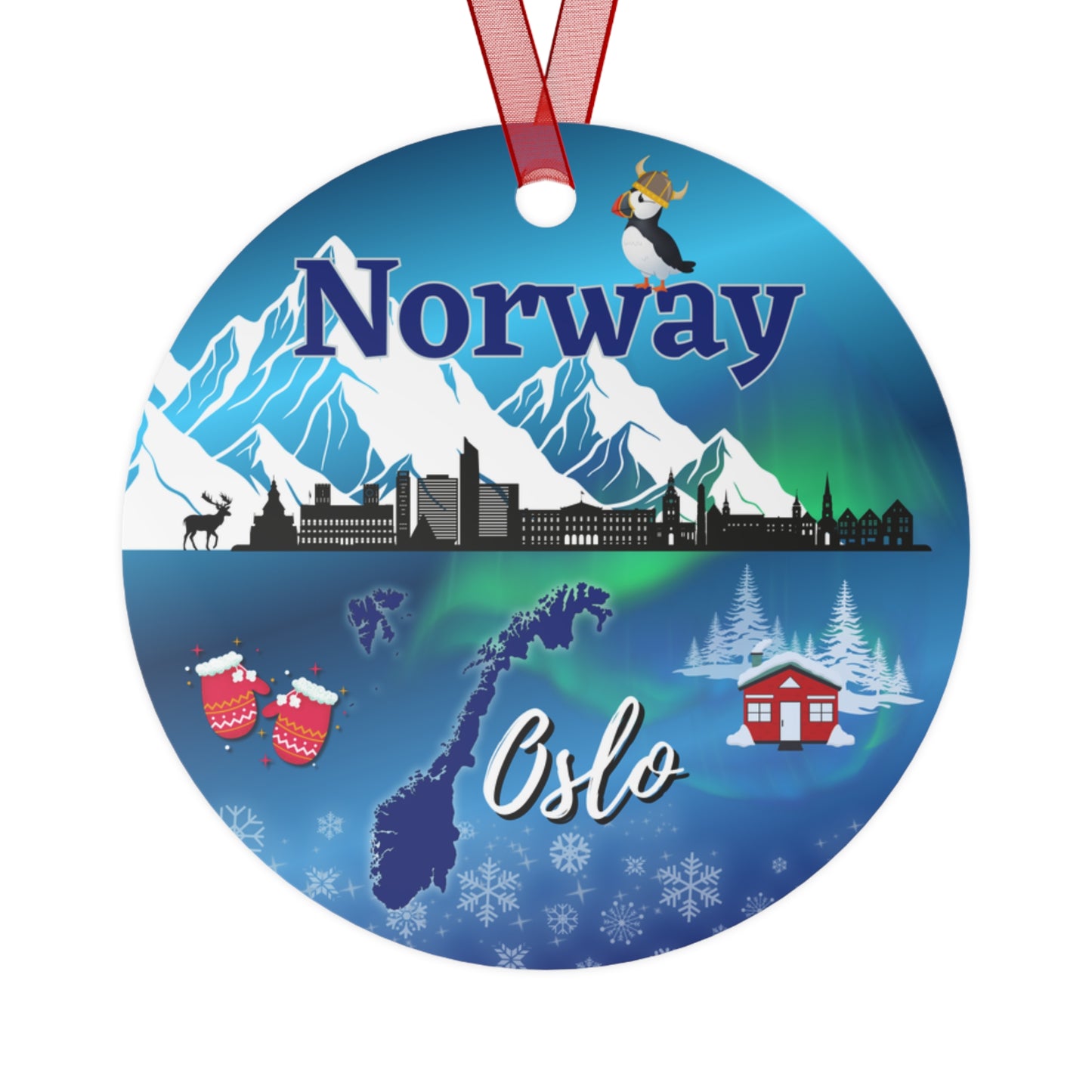 Norway travel ornament featuring the Oslo skyline, Northern Lights, and dramatic fjords in a detailed decorative design