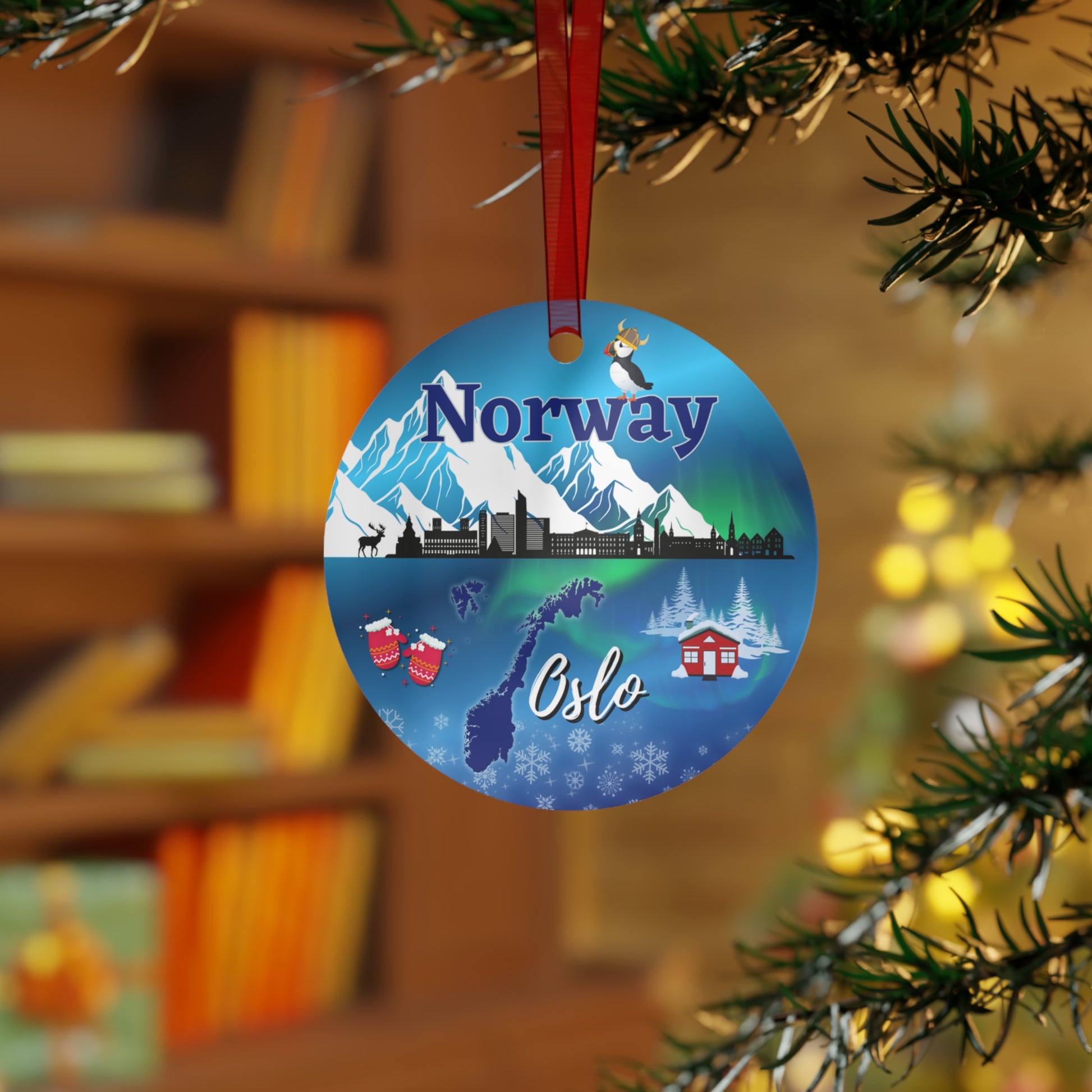 Norway travel ornament featuring the Oslo skyline, Northern Lights, and dramatic fjords in a detailed decorative design