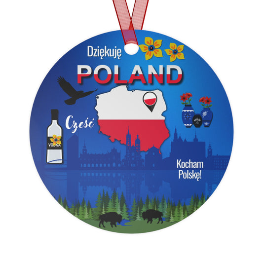 Circular decorative item with Polish-themed illustrations and text on a blue background