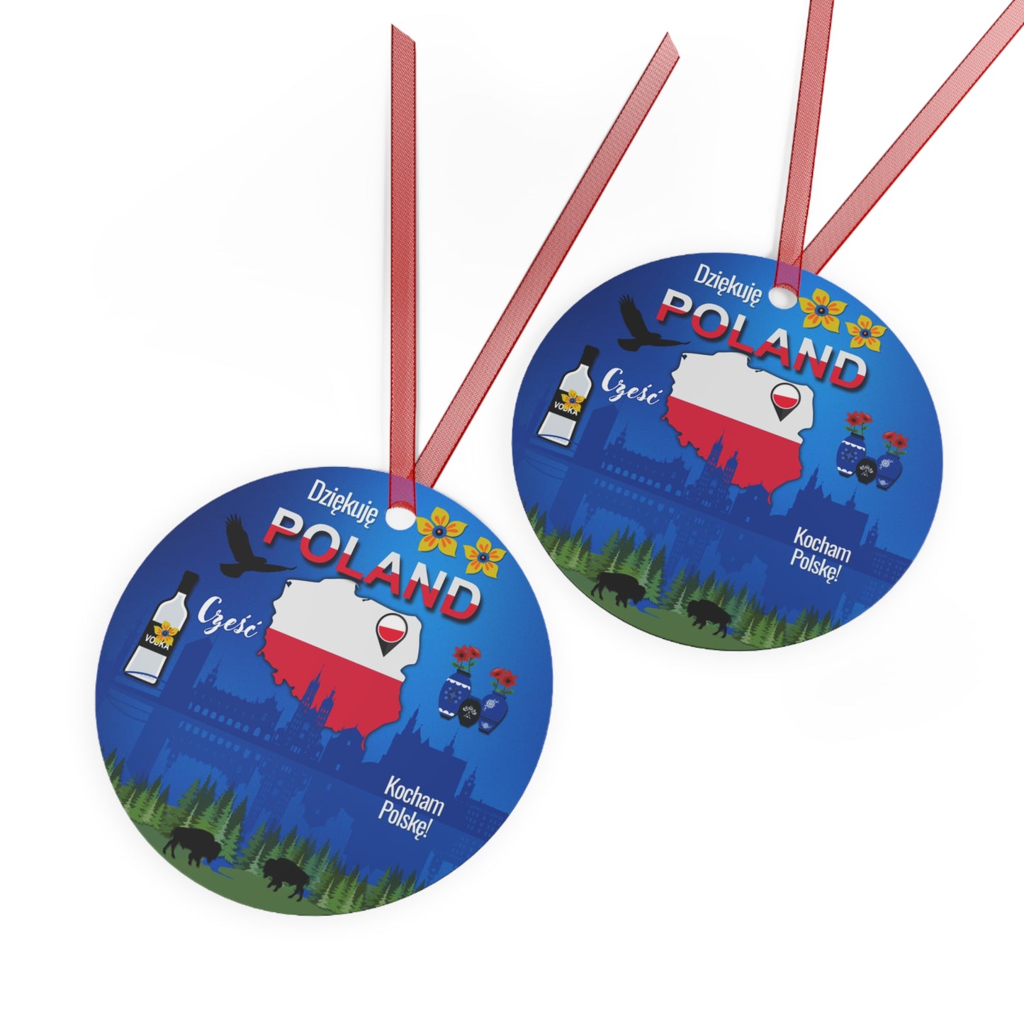 Two round blue ornaments with Polish design and text on a white background