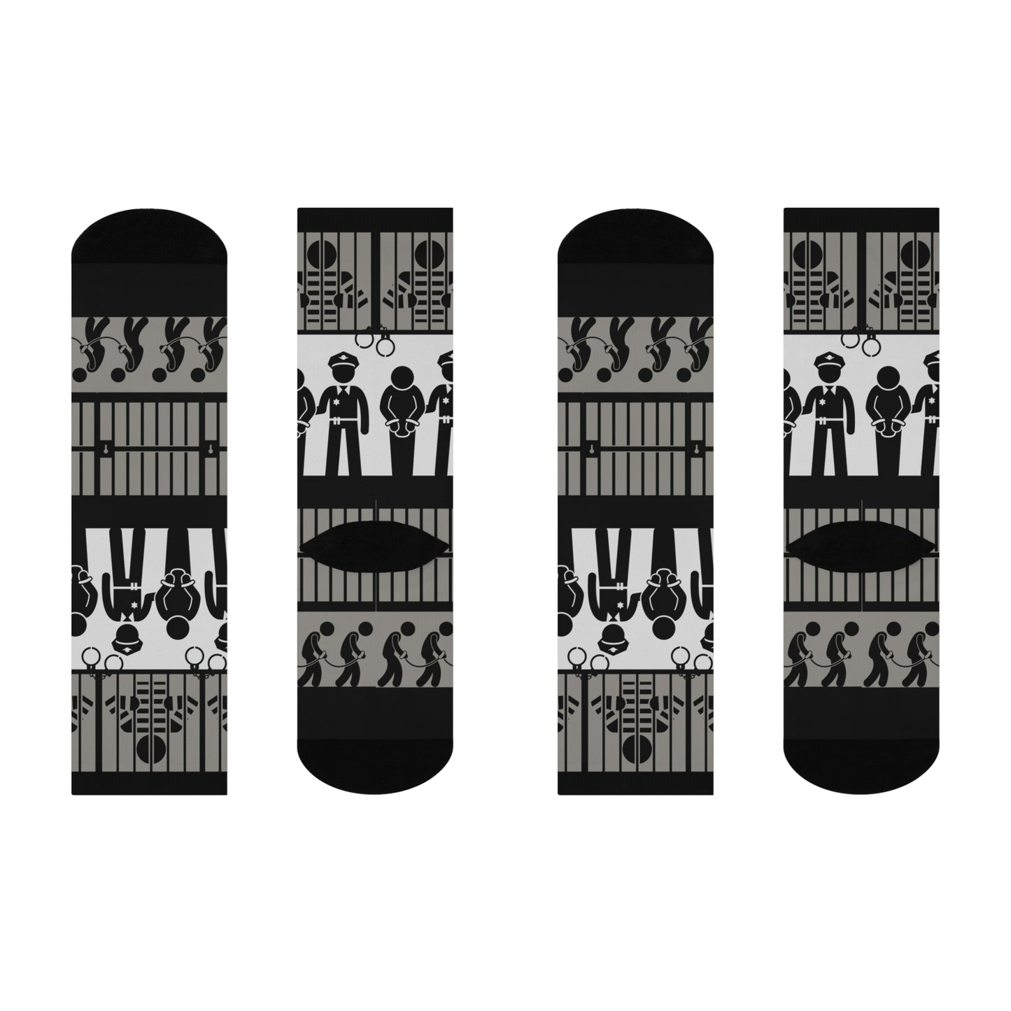 A pair of crew socks with a mid-calf height featuring a black and white pattern with law enforcement and legal-themed graphics.