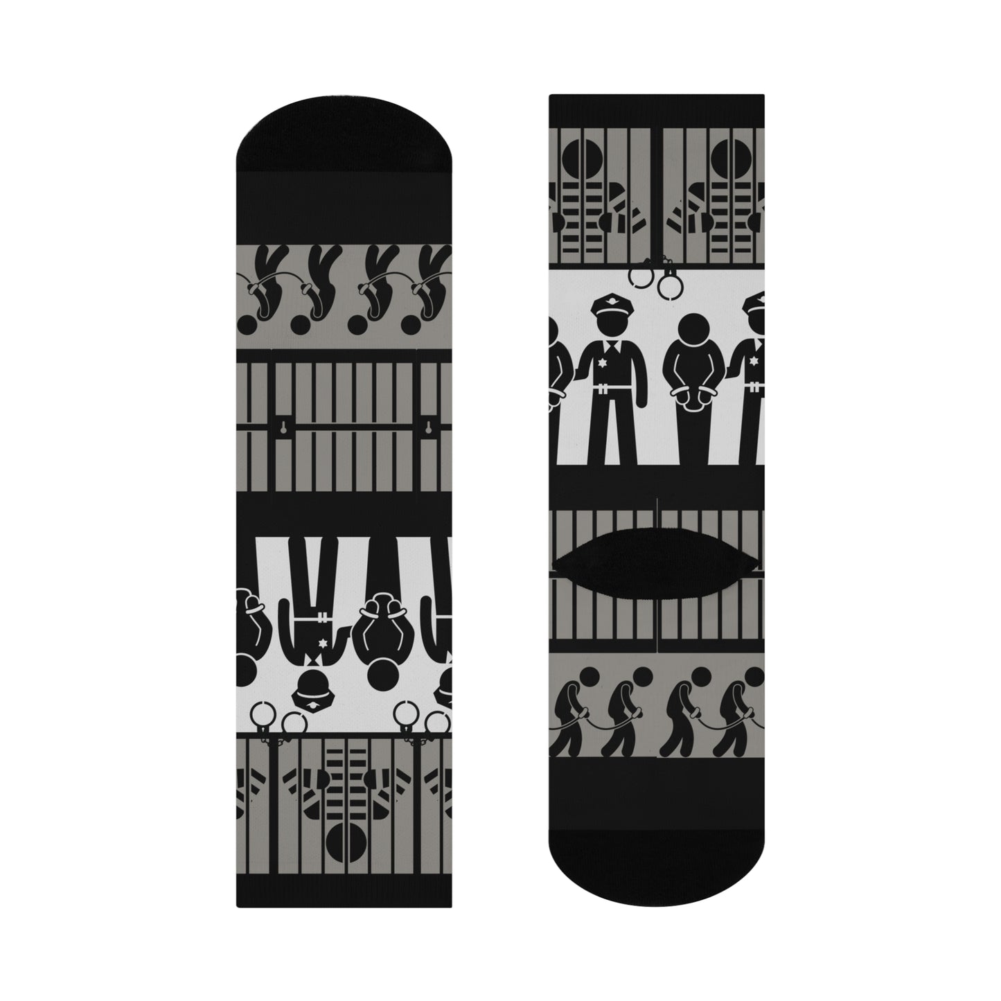 A pair of crew socks with a mid-calf height featuring a black and white pattern with law enforcement and legal-themed graphics.