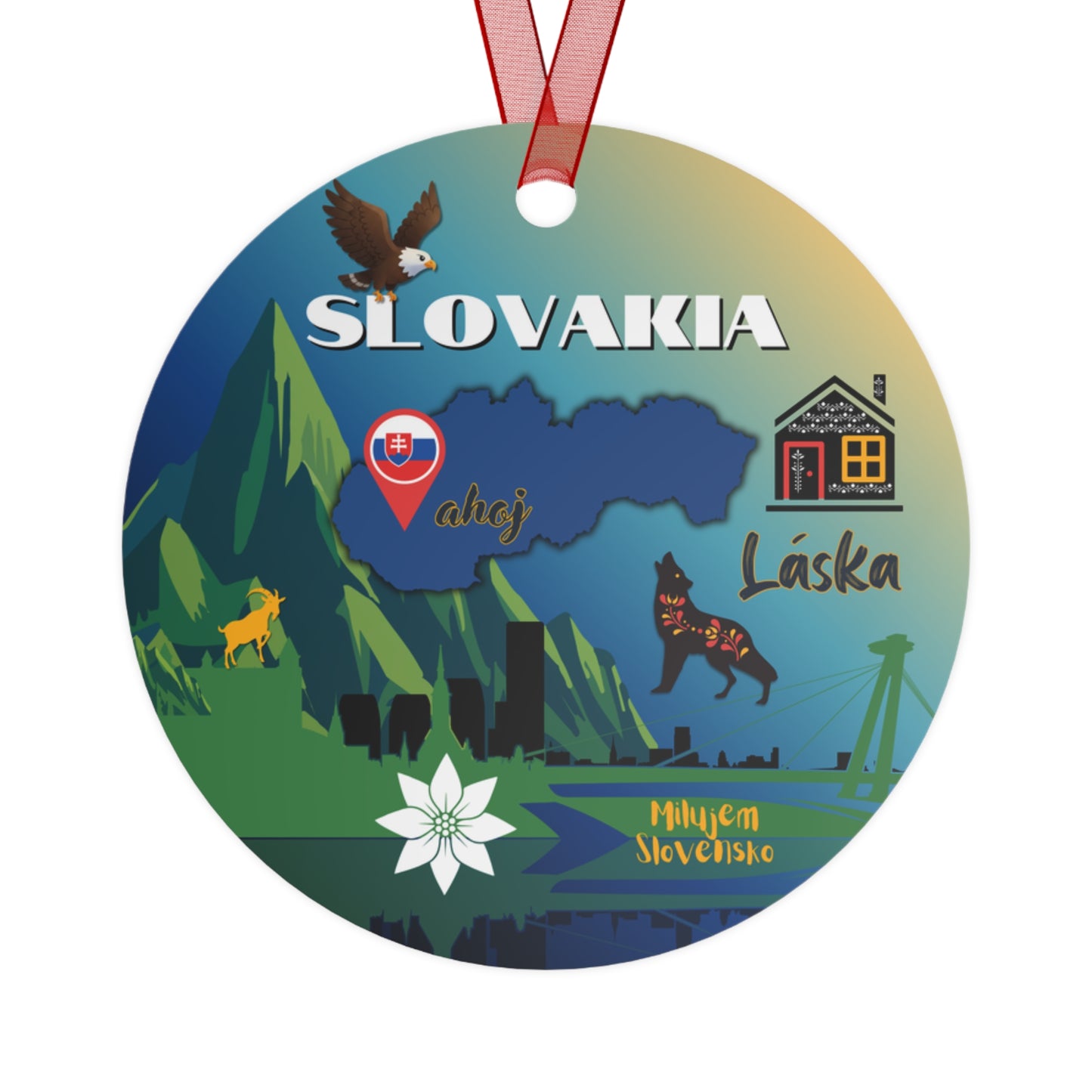 Round decorative item with Slovakian landscape and symbols on a white background